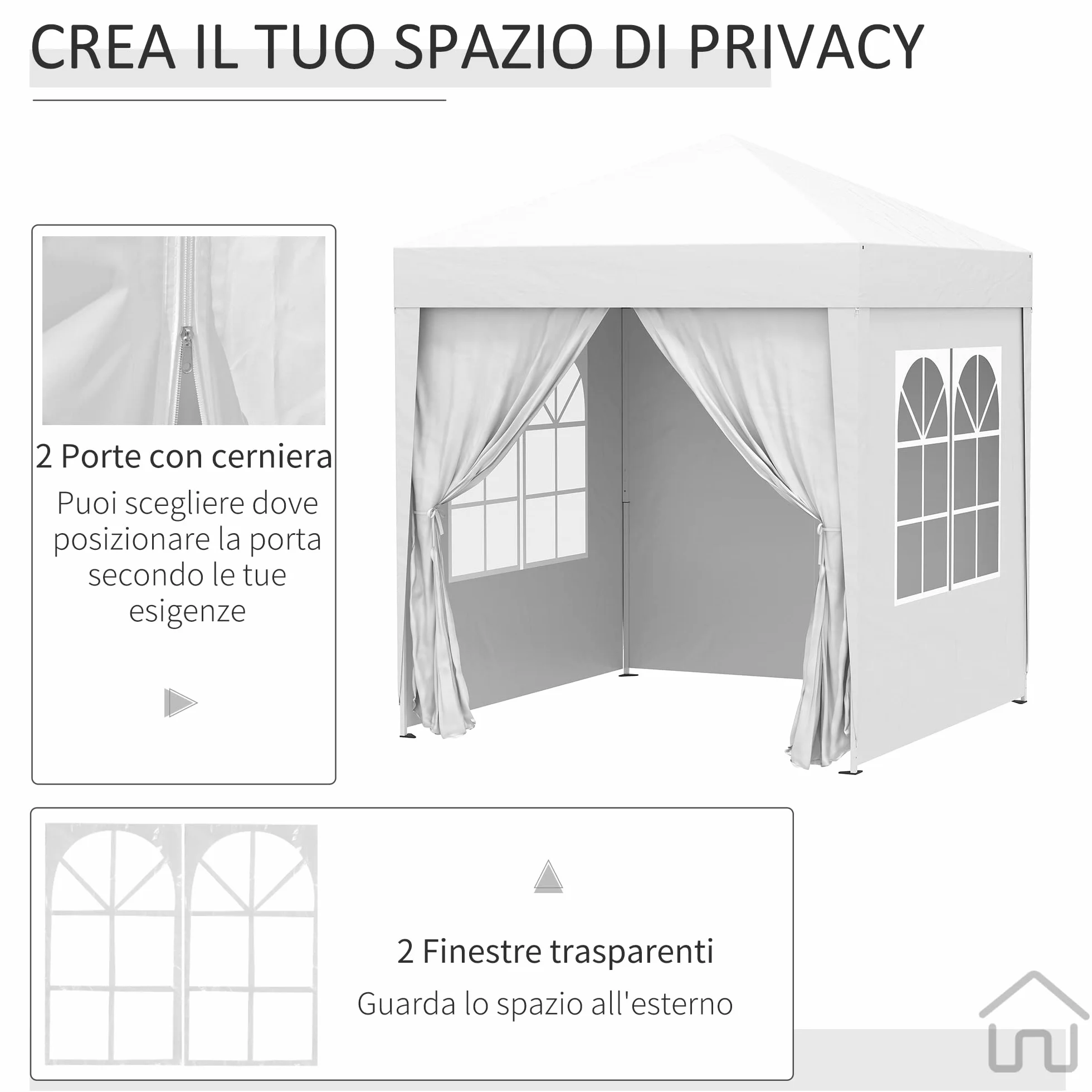 Outsunny Gazebo 2x2 m Pop-up Impermeabile Pareti Rimovibili Pieghevole Metallo Poliestere Borsa Trasporto Bianco