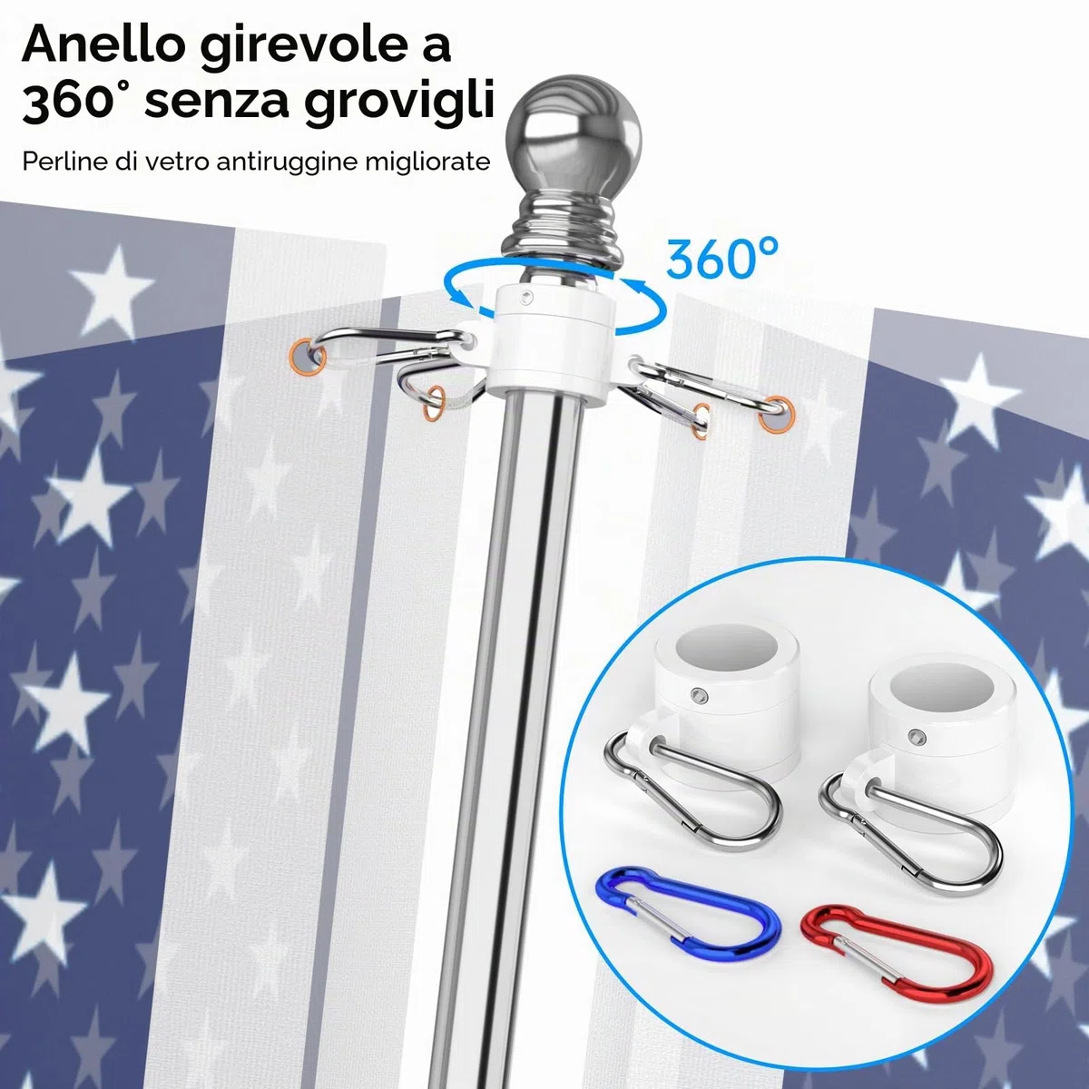 Kit Asta Bandiera Acciaio Inossidabile 180 cm con Staffa, Argento