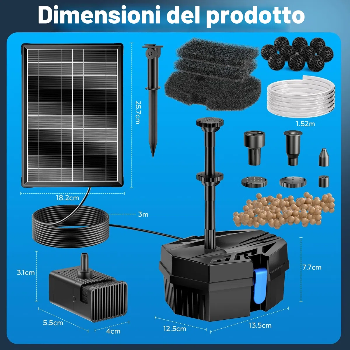 Biling Filtro per laghetto solare da 8 W, con batteria e 10 ugelli, pompa solare per laghetti chiari fino a 500 l, pompa filtro silenziosa per mini laghetto da giardino, fontana, giochi d'acqua, bagno