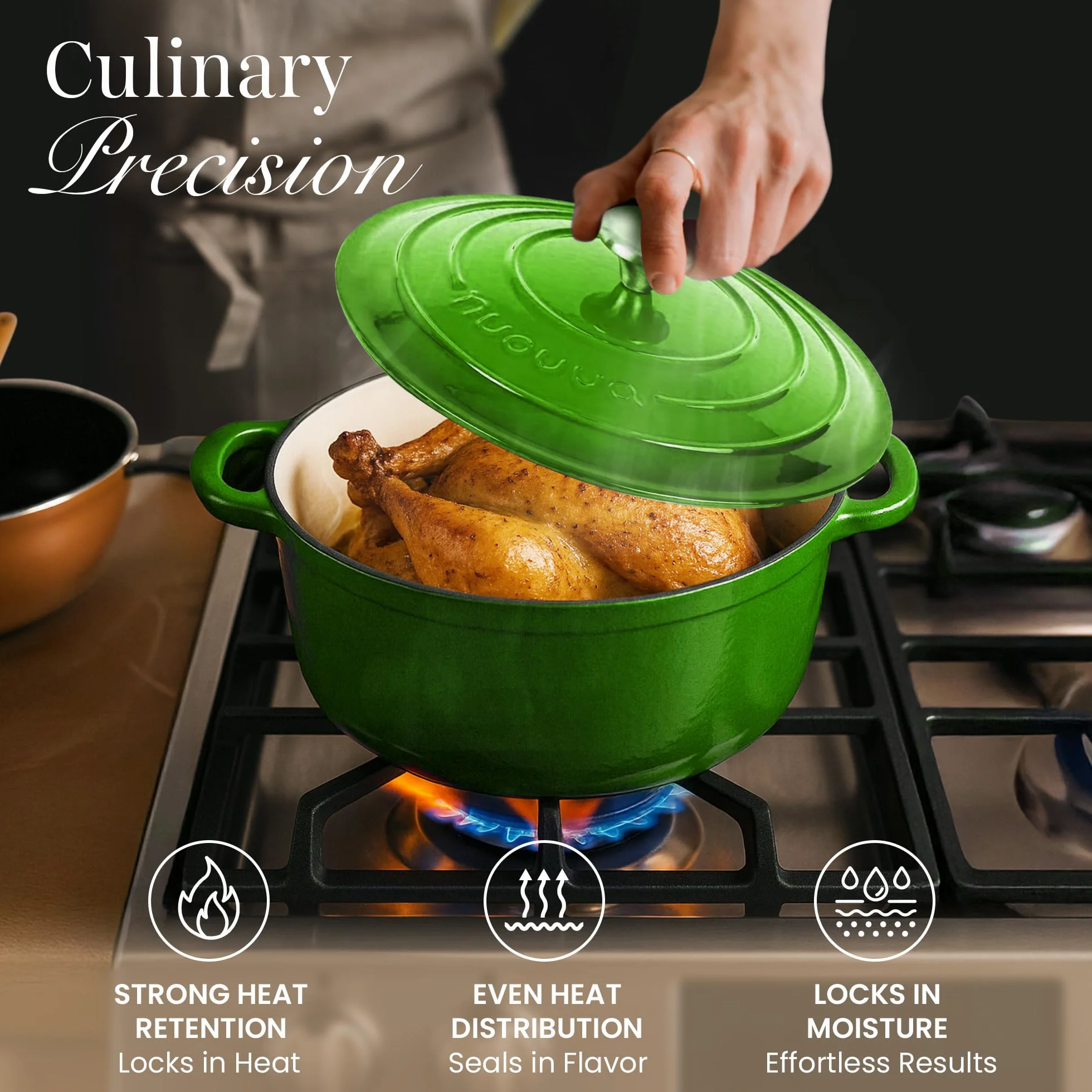 Casseruola in Ghisa Smaltata, Pentola Olandese Antiaderente con Coperchio, Induzione/Gas/Forno, Cottura Omogenea – 4.7 Liter 28cm Verde – da Nuovva