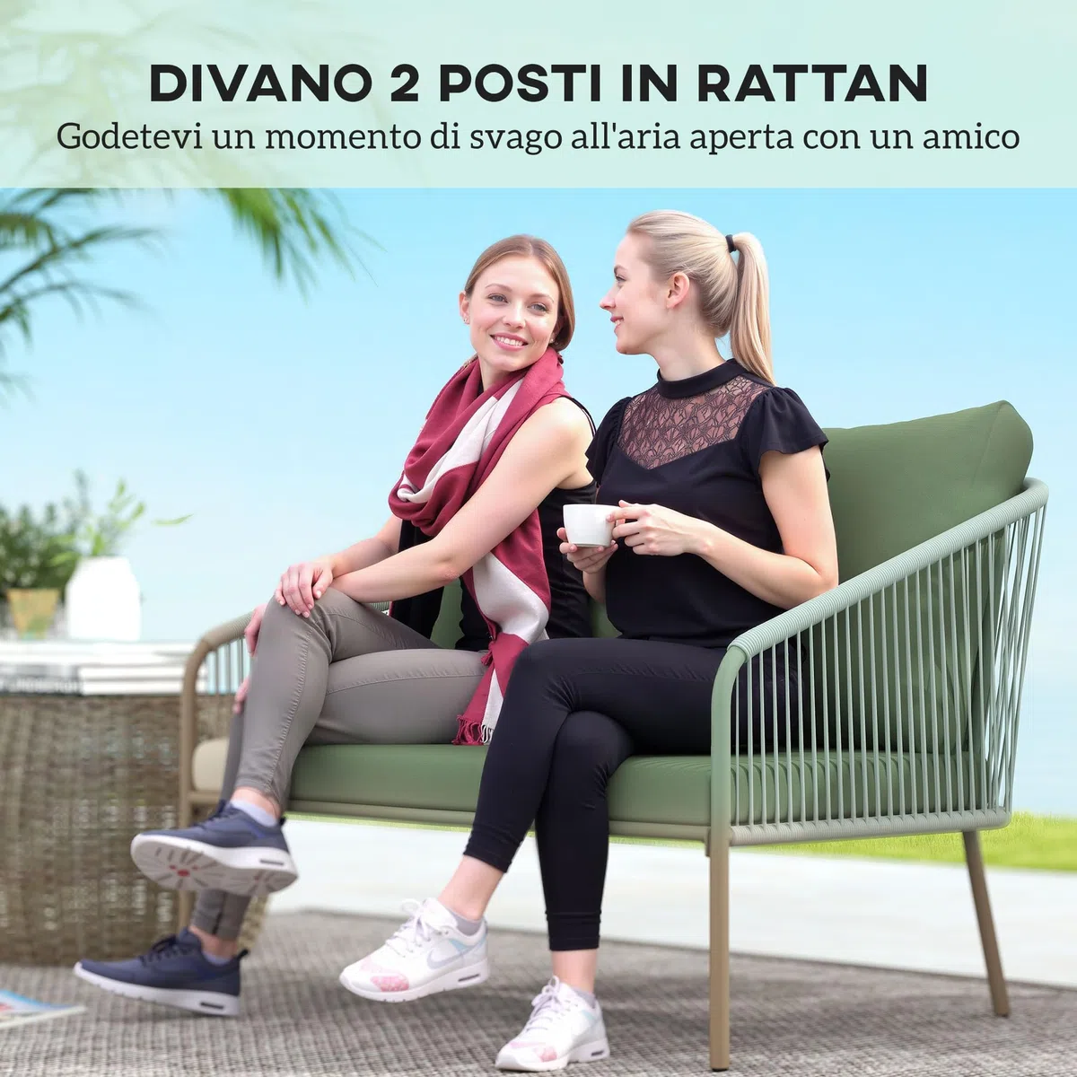 Outsunny Divano da Giardino 2 Posti in Rattan PE, Divanetto da Esterno in Stile Boho con Cuscini Sfoderabili, Braccioli e Telaio in Acciaio, Divano da Esterno, per Terrazza e Cortile, Verde