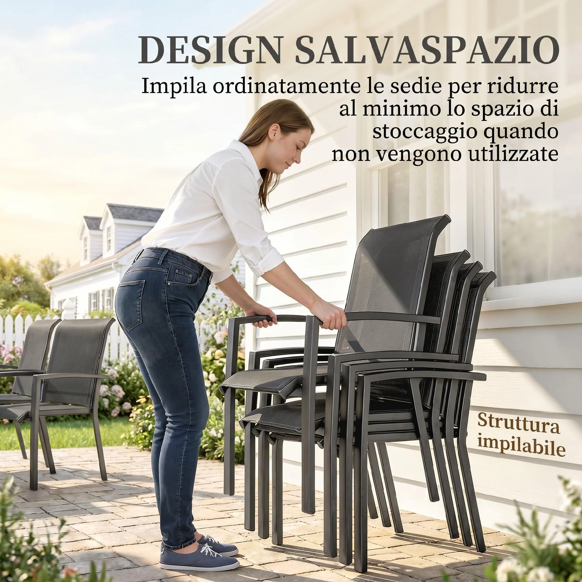 Outsunny Set Tavolo e Sedie da Giardino 7 Pezzi, Mobili da Esterno con Tavolo Rimovibile e 6 Sedie Impilabili in Texteline Grigio