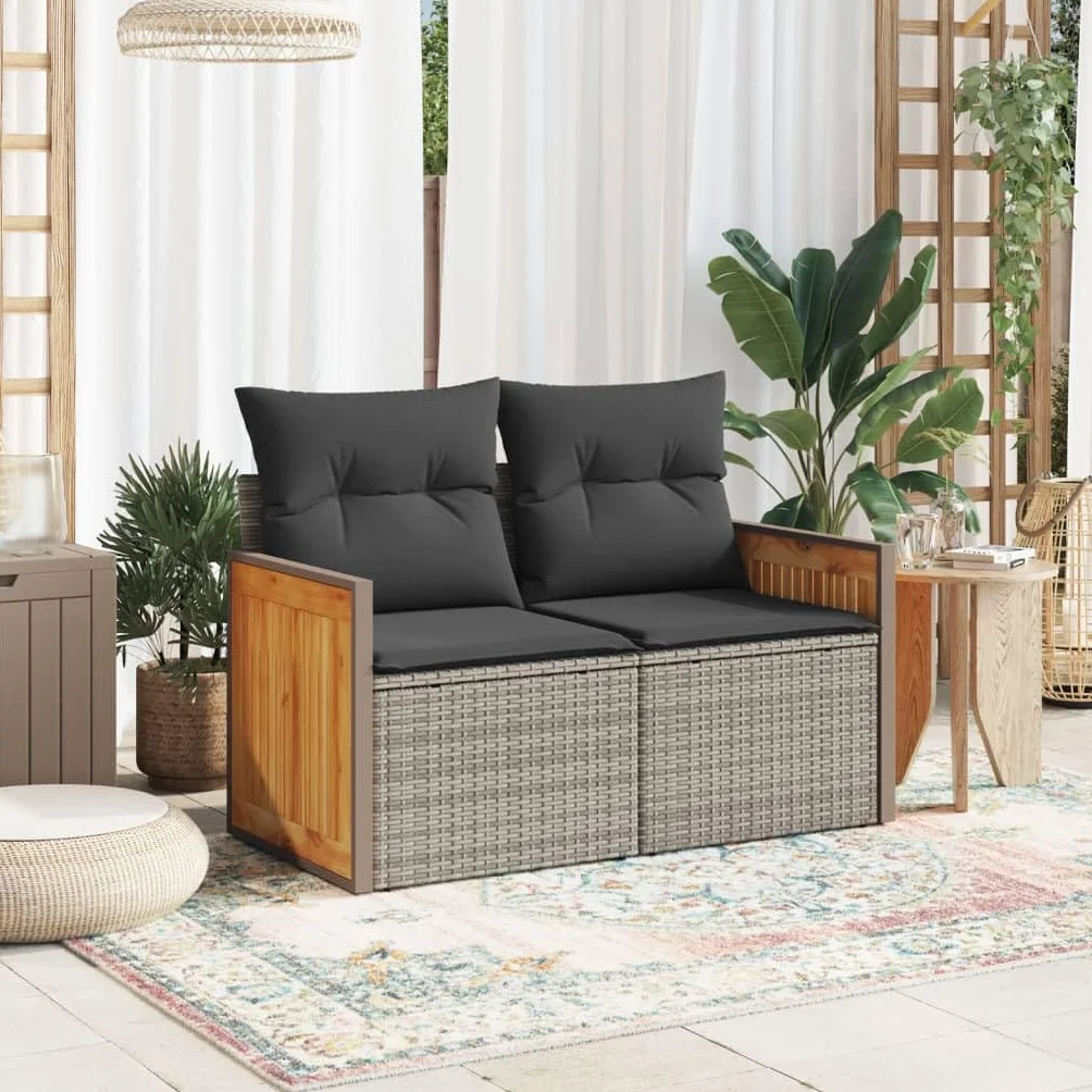 IKAYAA Divanetto da Esterno 2 Posti con Contenitore Divano da Giardino Salotto da Giardino in Polyrattan con Cuscini per Seduta e Schienale-Grigio-con Contenitore