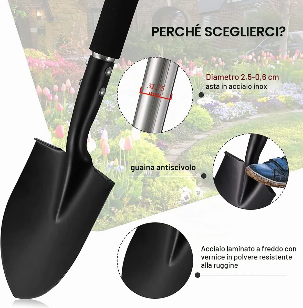 Vanga a Punta 78cm Pala Acciaio Impugnatura a D Giardinaggio Scavo Terreni duri