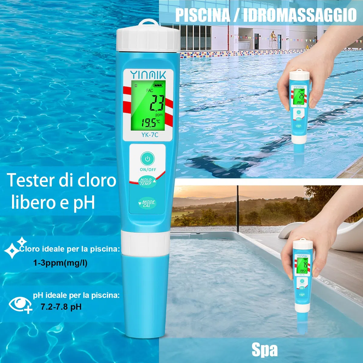 YINMIK Misuratore Digitale di pH e Cloro, Penna per Test Piscina con Soluzione di Calibrazione
