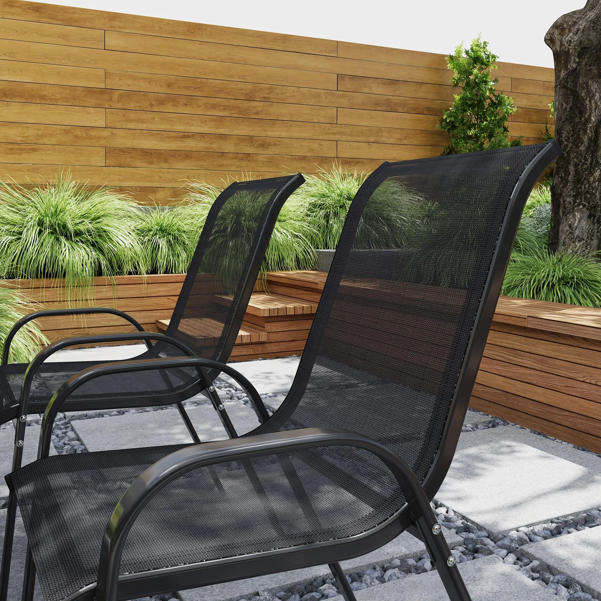 Outsunny Set 4 Sedie da Giardino Impilabili con Braccioli, Acciaio e Texteline, 54x71x93 cm Nero