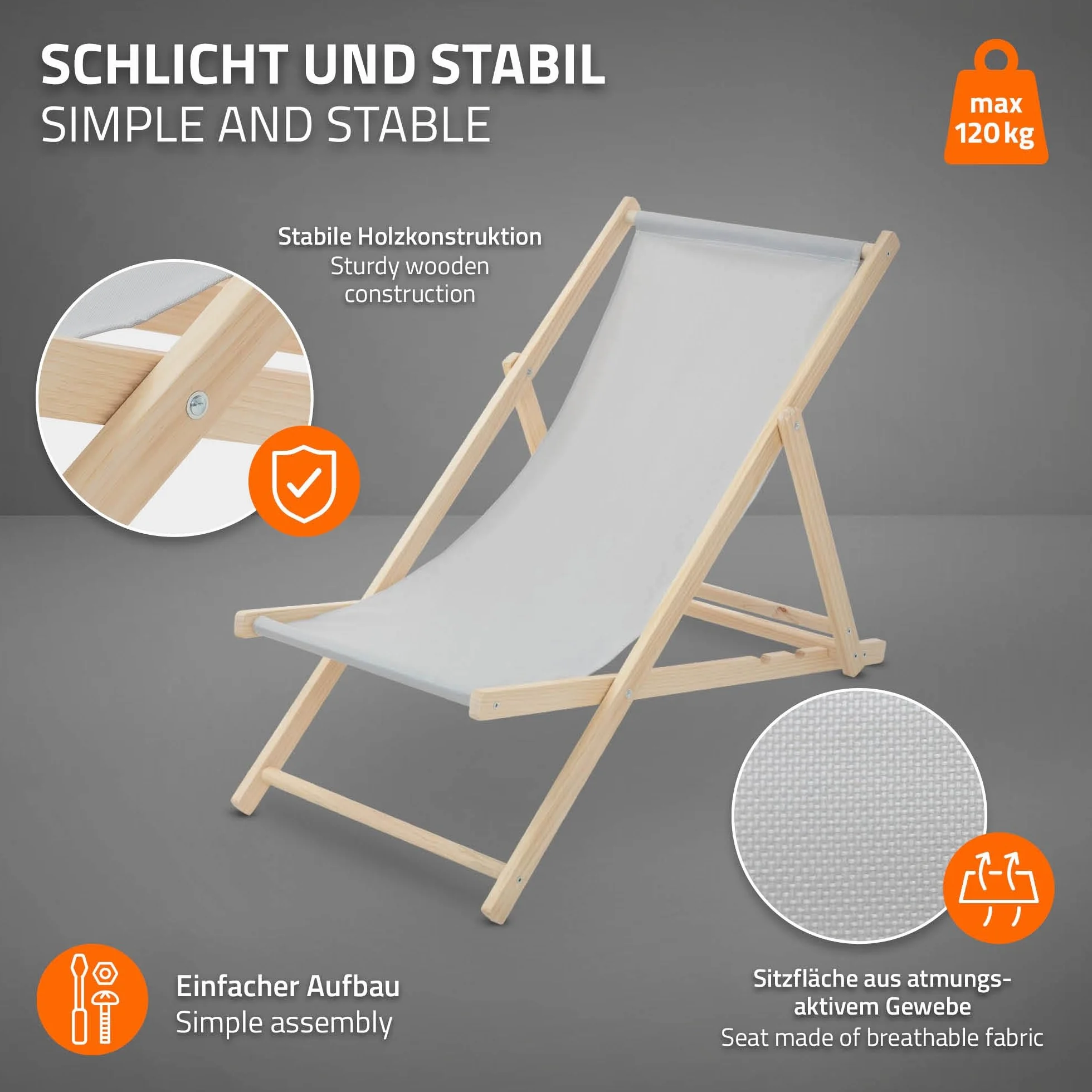 ECD Germany 10x Sedie a Sdraio Pieghevole in Legno con Tessuto Traspirante Grigio Chiaro Schienale Reclinabile in 3 Posizioni, Lettino Relax con Portata 120 kg per Spiaggia, Giardino e Terrazza