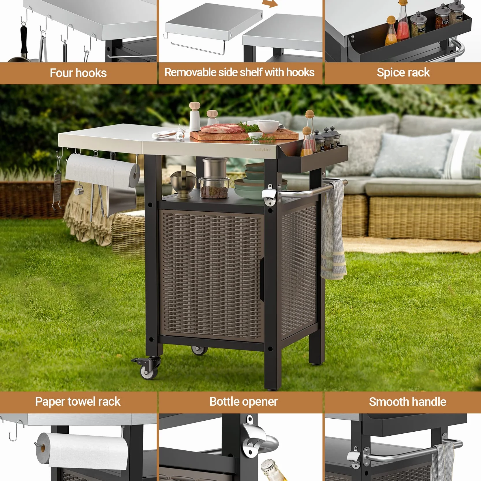 onlyfire Carrello per Barbecue da Giardino con Spazio Chiuso 88.5×56×91 cm