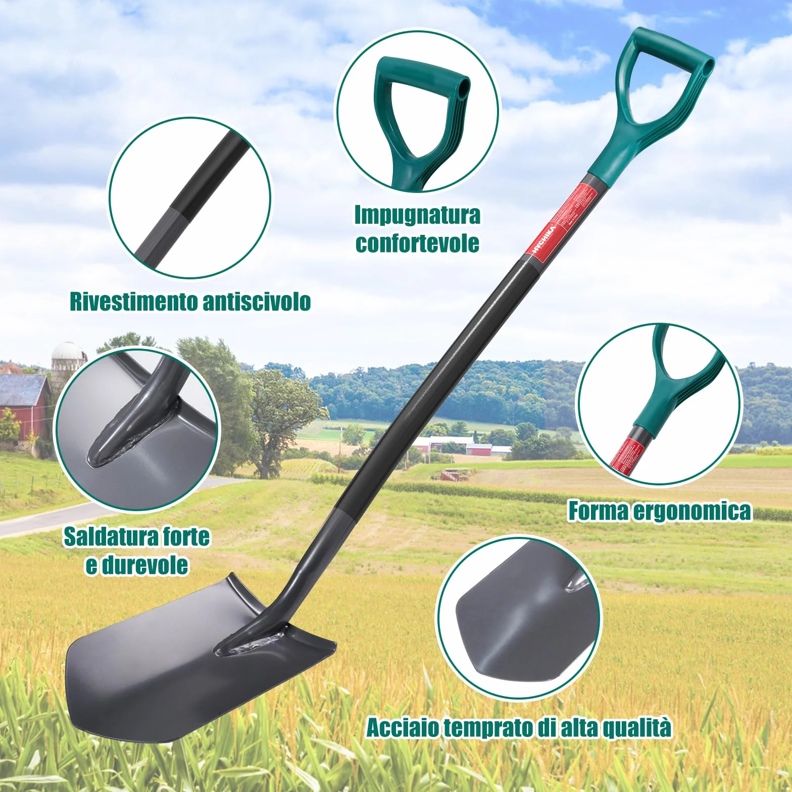 HYCHIKA Pala da Giardino Picco, Vanga da Giardinaggi, Pala da Scavo, Acciaio Temprato di Alta Qualità, Manico Ergonomico Impugnatura a D, per Piante, Agricola, Diserbo, Spalatura Neve