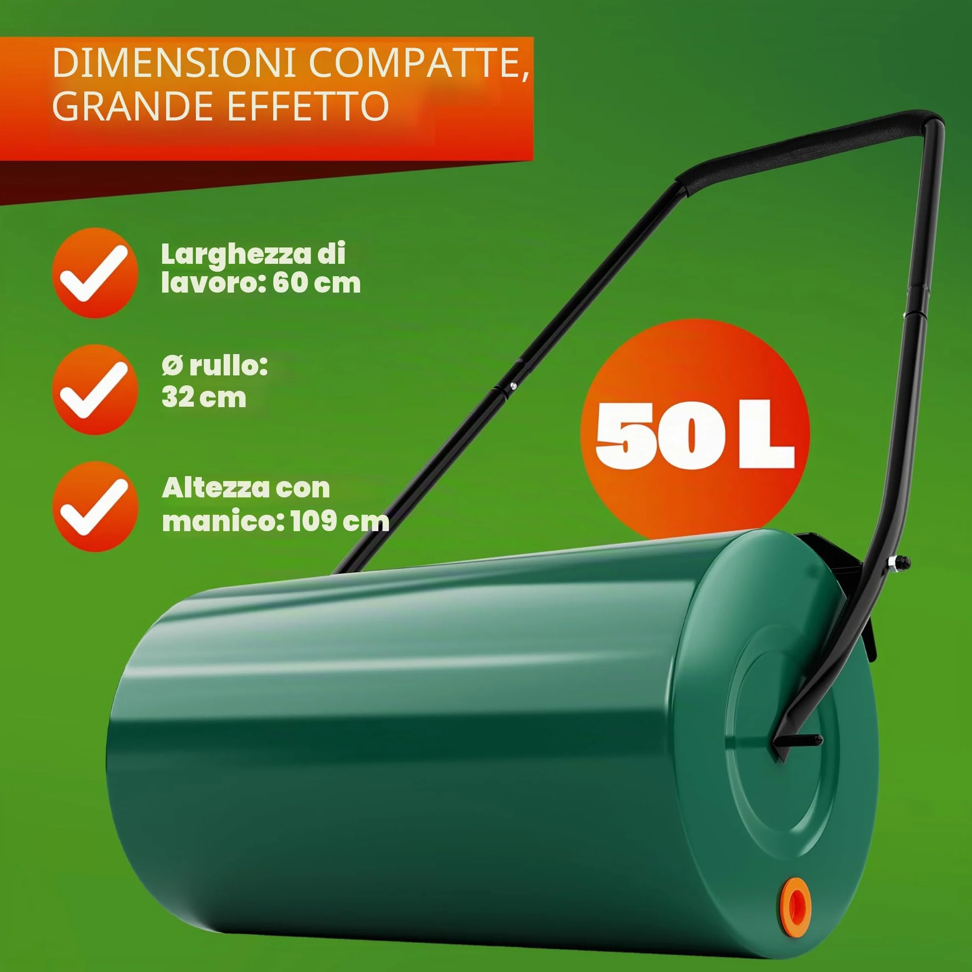Gardebruk Rullo da Giardino 60 cm Ø32 Capacità 50 L Apertura Laterale Livellare Prato