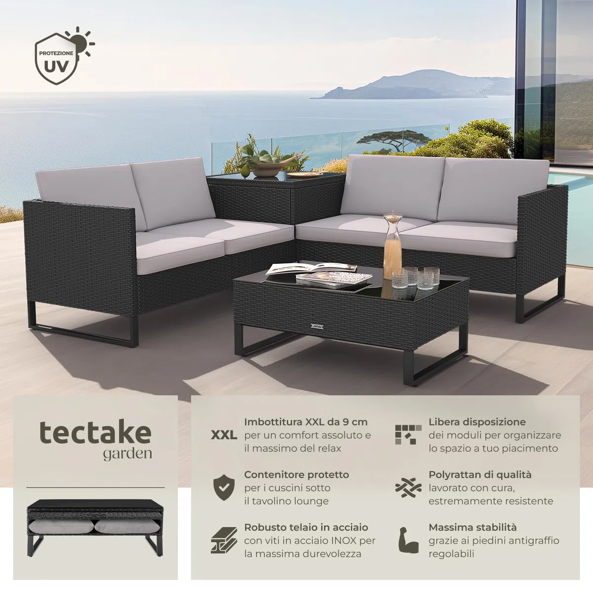 tectake® Salottino in Rattan Ostuni, Set da Giardino con 2 Sofà e 1 Tavolo con Lastra in Vetro, Box Contenitore, Cuscini Spessi, Telaio in Acciaio, Intreccio in Polyrattan - Nero