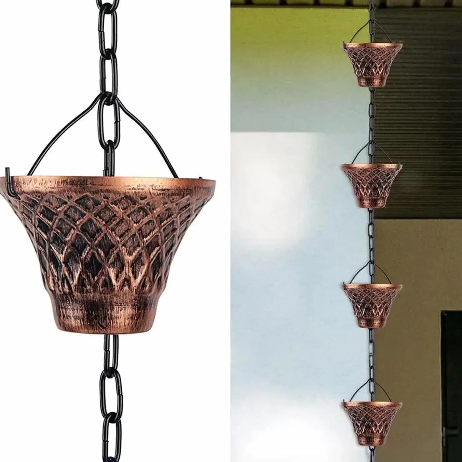Catene da pioggia per grondaie, estensione decorativa per scarico del pluviale, 2,7 m, in rame, 12 tazze, per esterni, giardino, tetto, gazebo, albero
