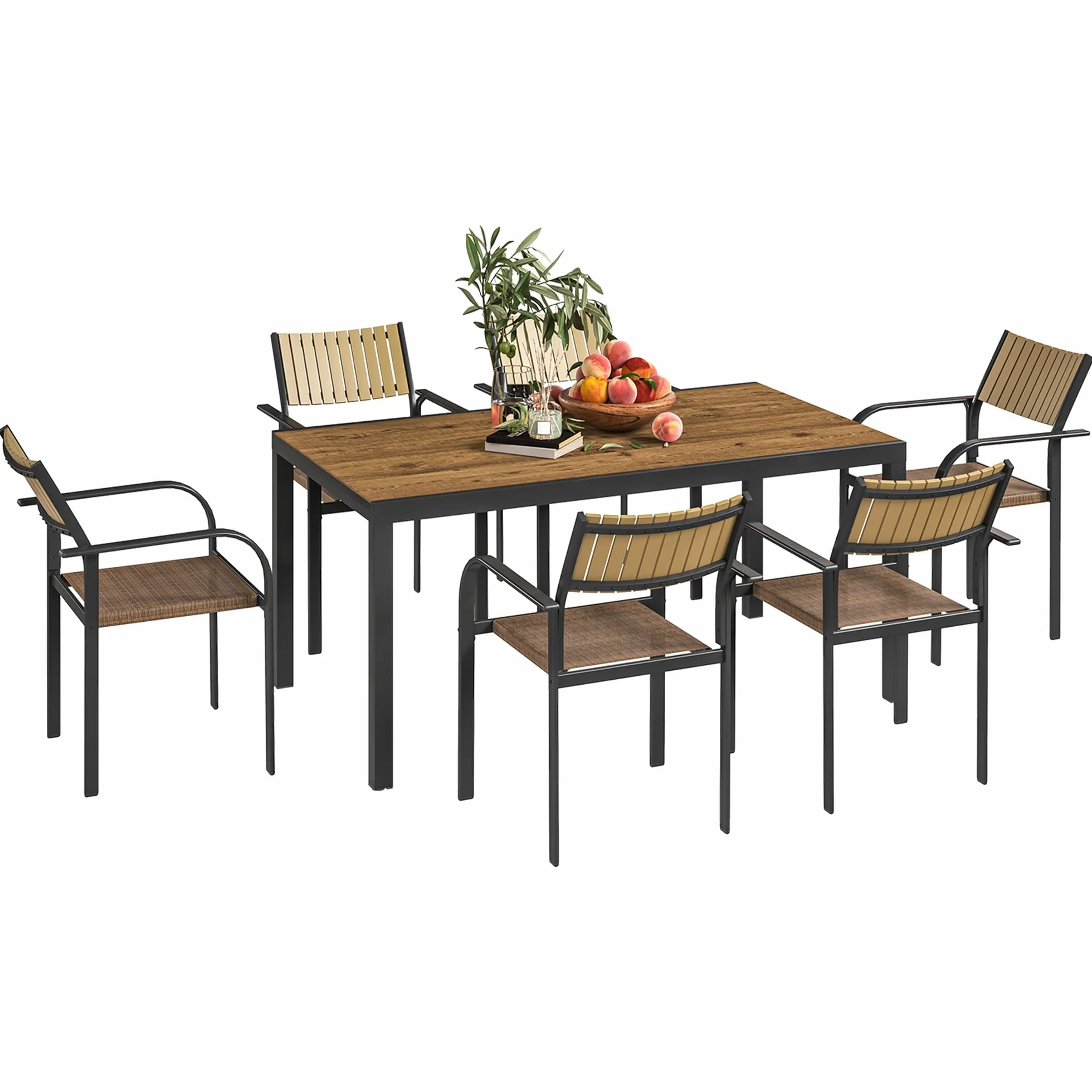Outsunny Set Tavolo da Giardino Allungabile 7 Pezzi con Sedie Impilabili, Acciaio e Textilene, Marrone
