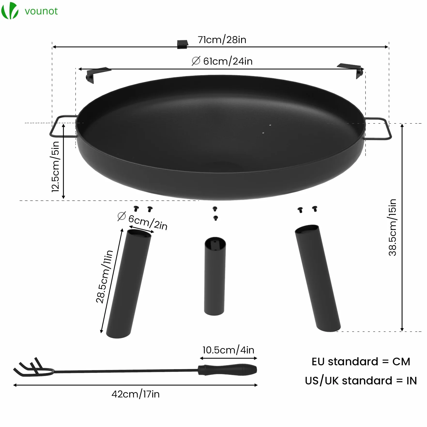 VOUNOT Braciere da Giardino Ø60 cm Metallo con Griglia e Attizzatoio, Rotondo a Legna, Nero