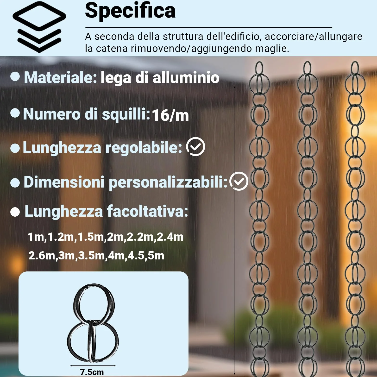 Catena per Pioggia Esterna, Adattatore per Grondaie in Alluminio Nero, con Funzione di Drenaggio e Decorazione PluvialeNero(4m)