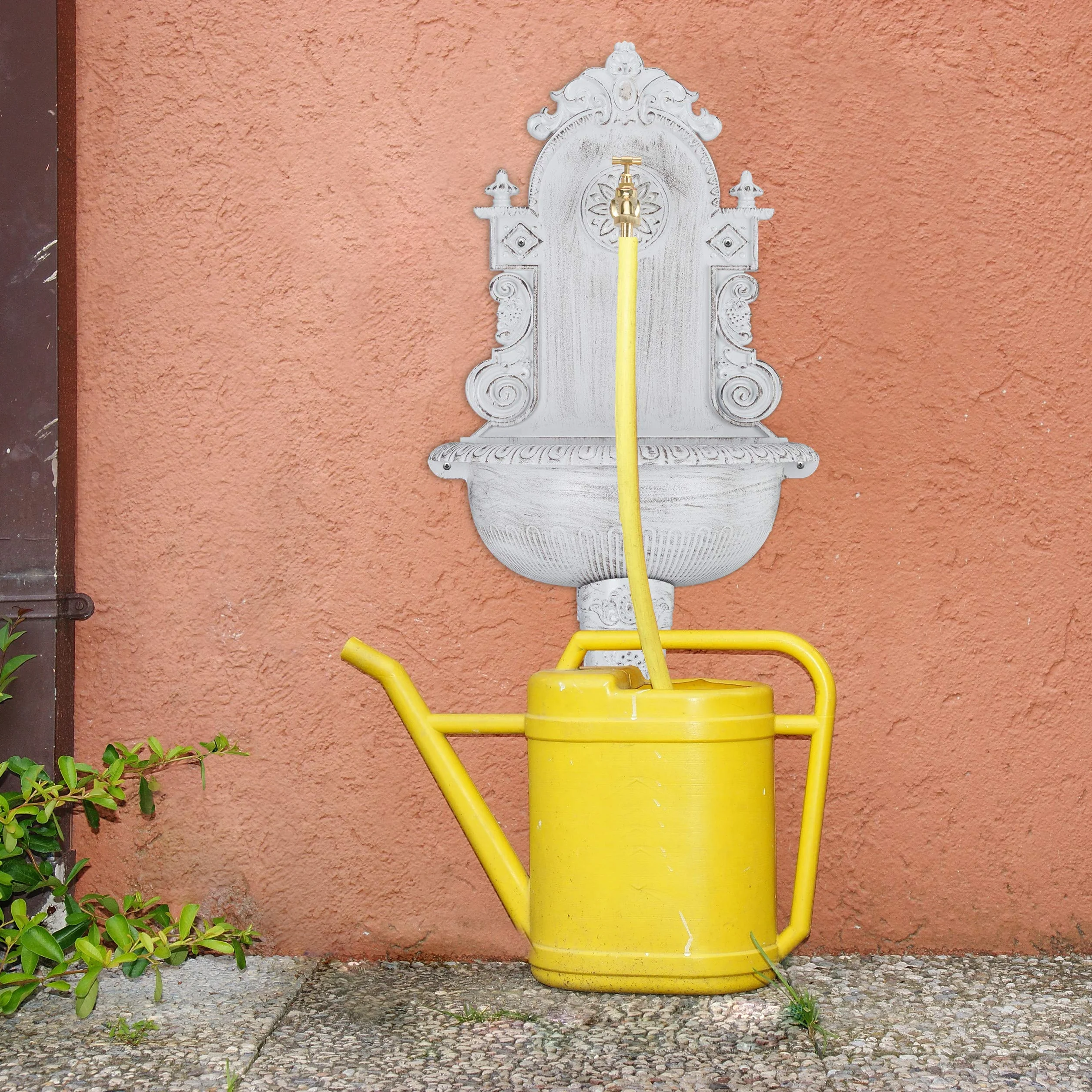 Relaxdays Fontana XL Antica a Parete, con Rubinetto, Lavabo per Giardino, in Lega di Alluminio, HLP 75x44x22 cm, Bianca