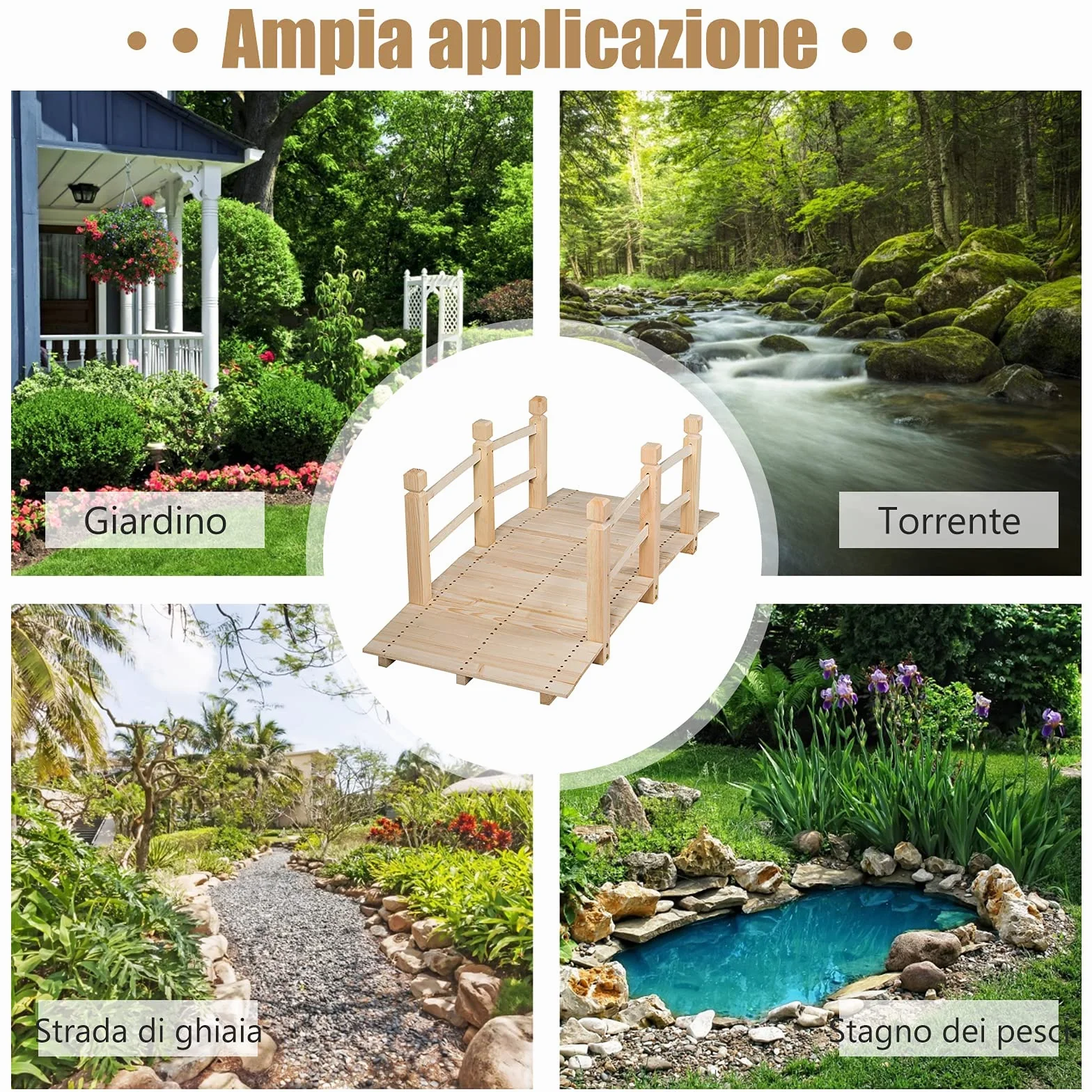 GYMAX Ponte da Giardino in Legno Lungo 150cm，Ponte Paesaggio Antico, Decorazione per Esterno (Naturale)