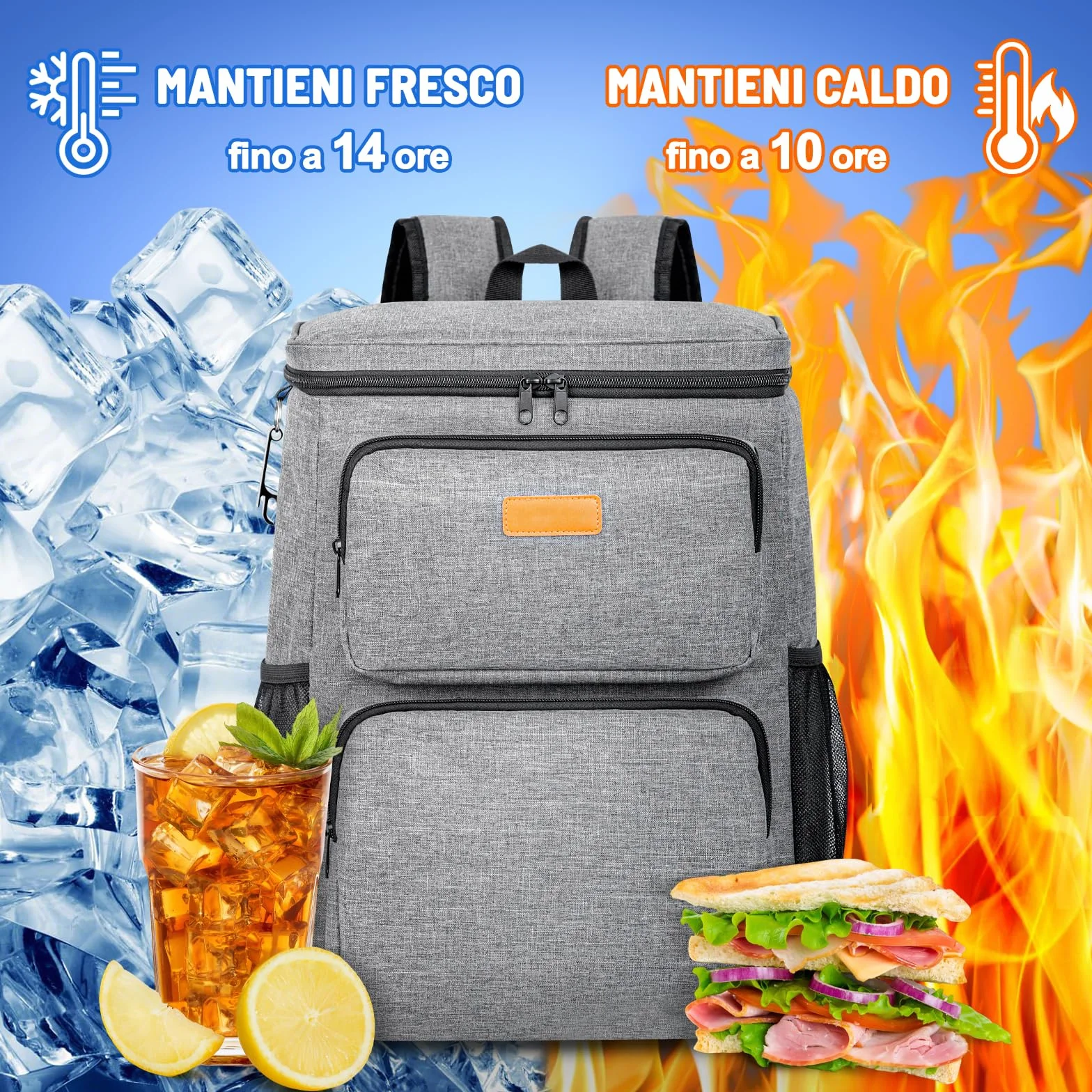 Zaino Termico Isoterma Impermeabile 33L Borsa Frigo Porta Pranzo per Spiaggia Grigio