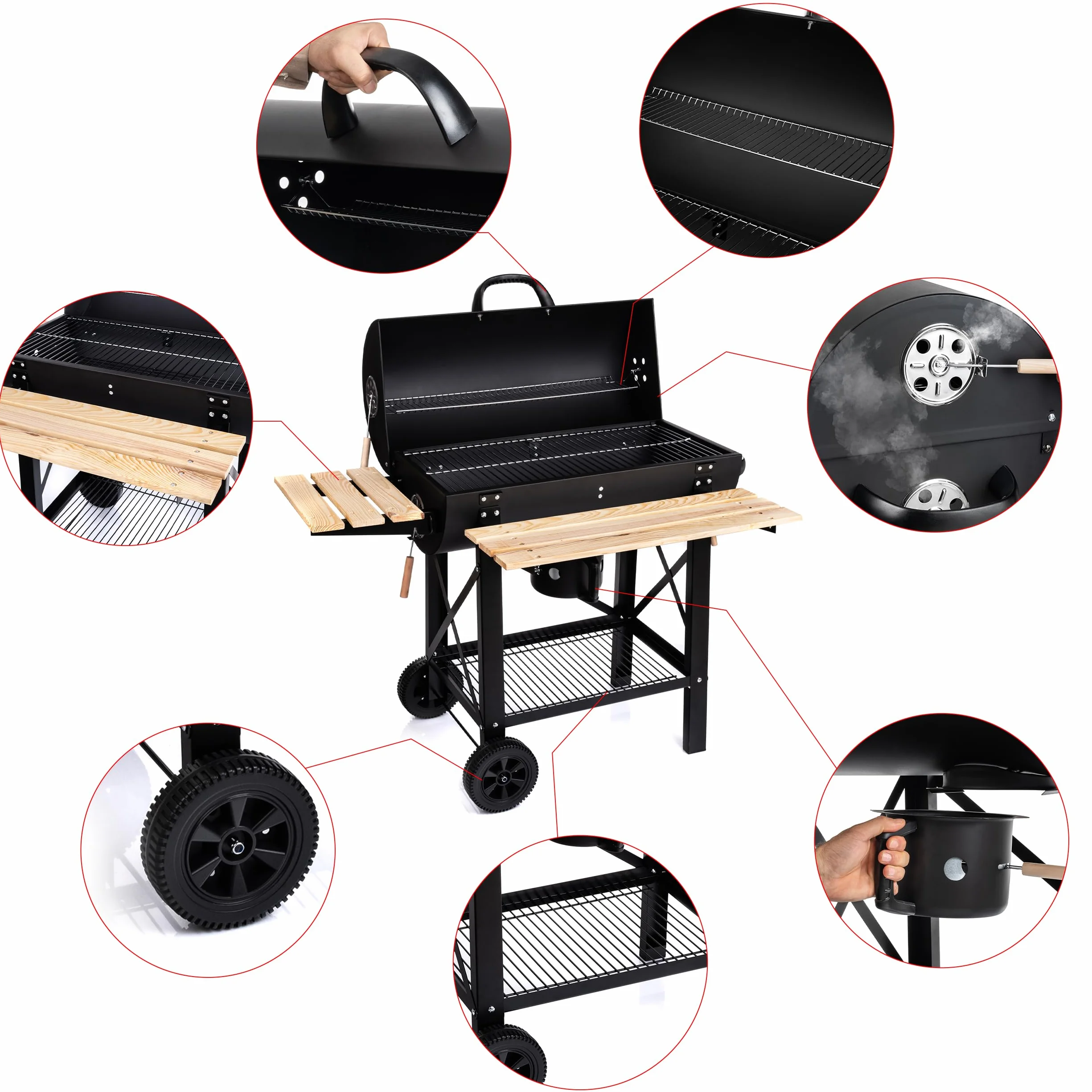 LEHMANN Barbecue a Carbonella con Griglia XL, Carrello Grill con Due Ripiani in Legno
