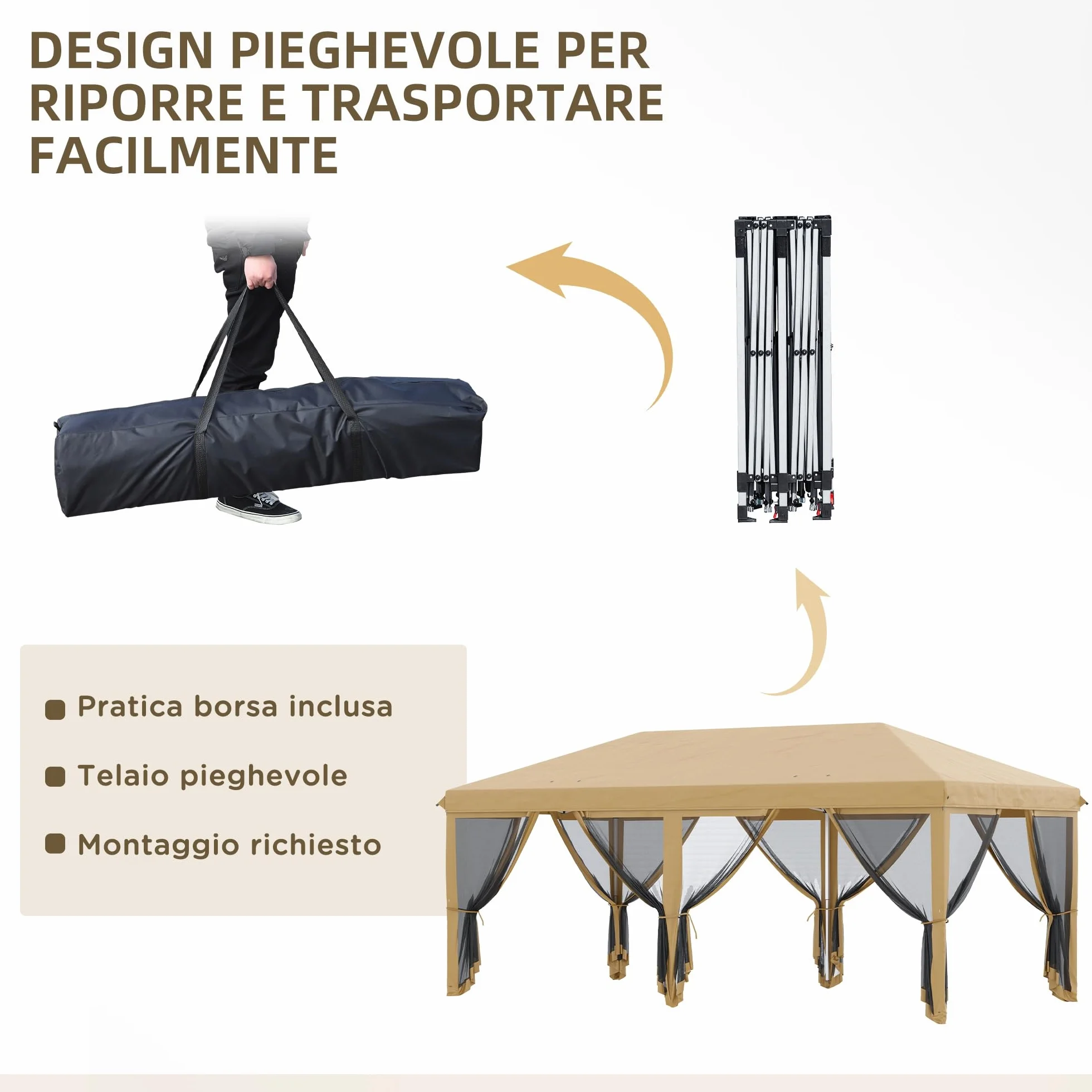 Outsunny Gazebo Pieghevole 6x3 Pop Up con Zanzariere, Acciaio, Tessuto Oxford, Beige