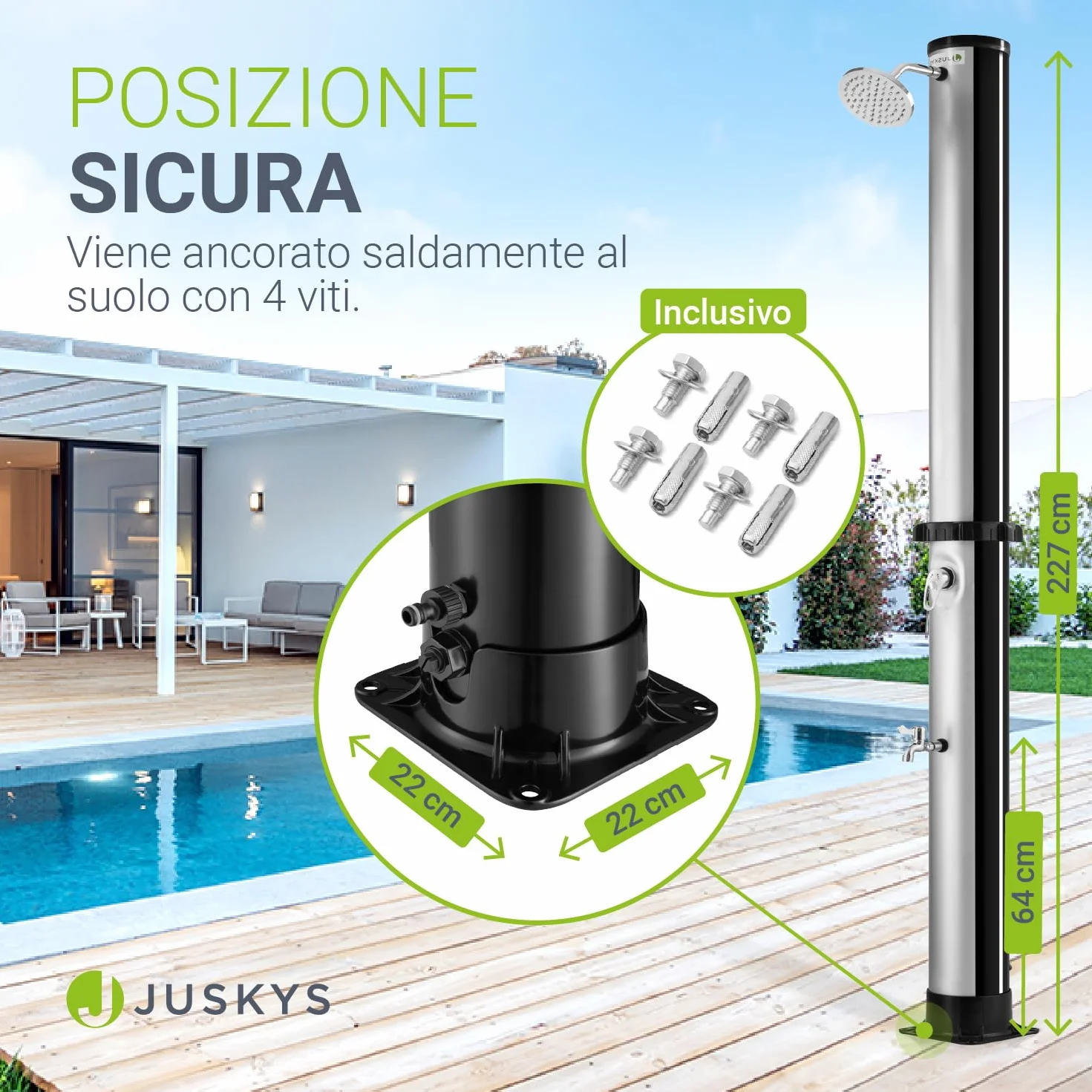 Juskys Doccia Solare Victoria 20/35 / 40 Litri - Fino a 60°C – con doccetta Girevole, Doccia per i Piedi e Collegamento per Tubo da Giardino Doccia da Giardino Doccia Esterna