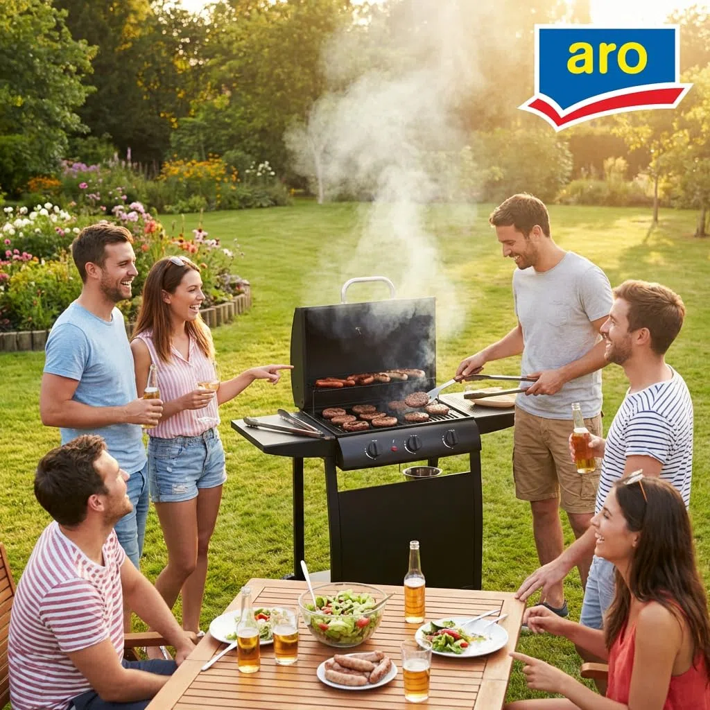 aro Barbecue a Gas 3 Bruciatori Acciaio Nero con Termometro Tavolini Laterali