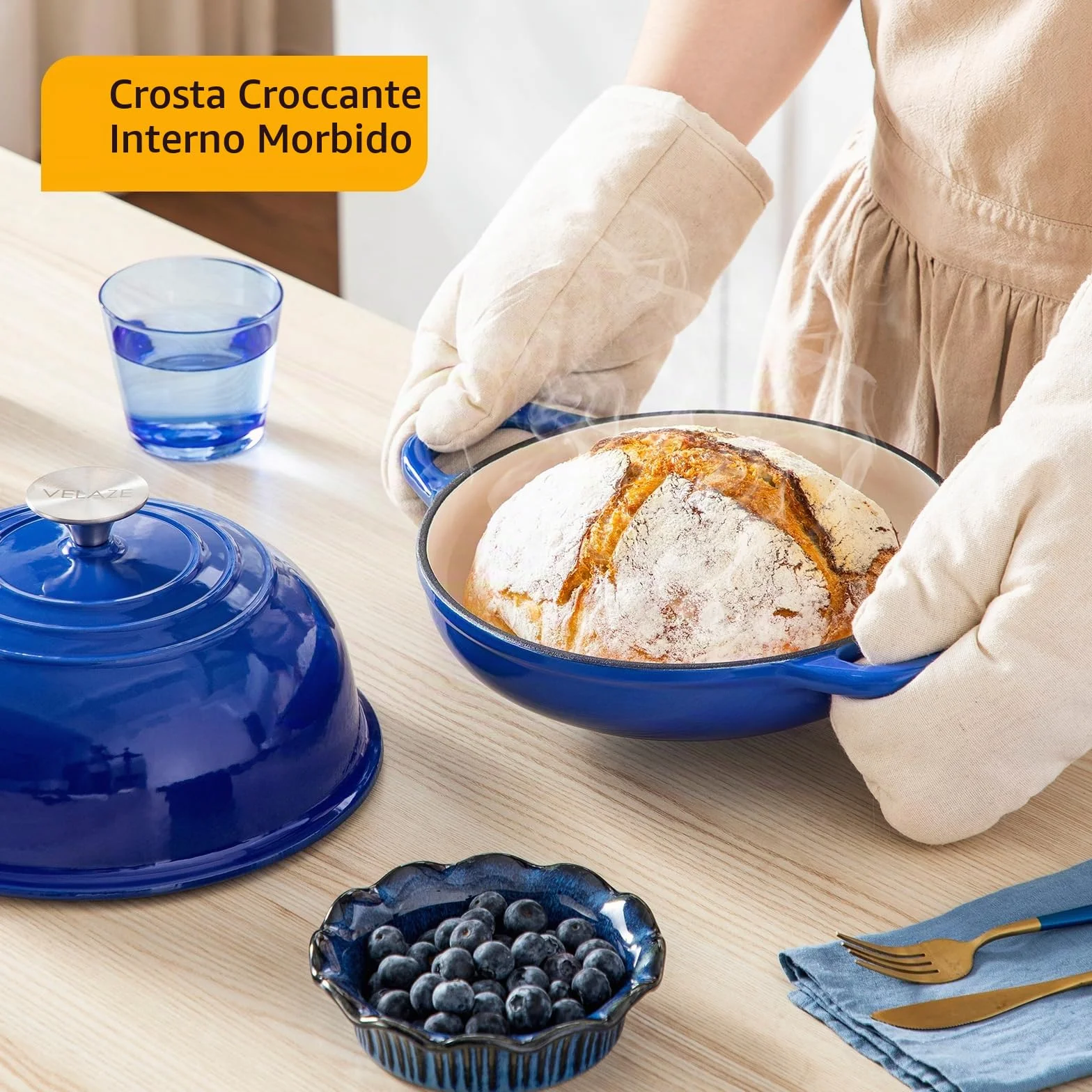 Velaze Pentola in Ghisa Smaltata 4.8L - Forno Olandese per Pane Rotondo Ø24cm con Coperchio Antiaderente, per Induzione (Blu)