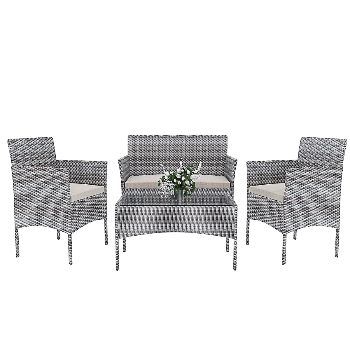 Set Di Mobili da Giardino in Rattan 4 Posti Salottino Salotto E Tavolino Con Ripiano In Vetro 2 Poltrone E Divano 2 Posti Con Cuscini Sfoderabili Giardino Esterno Piscina Veranda Terrazzo (Gray)
