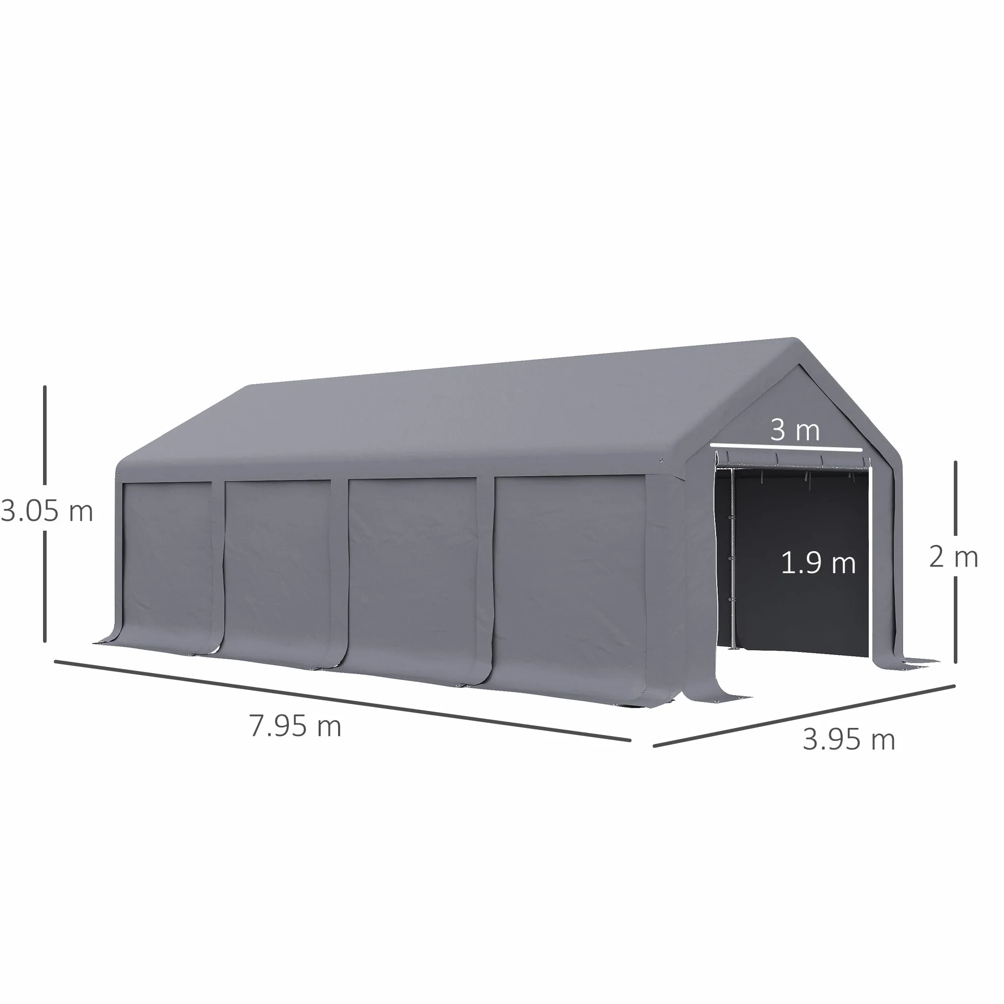 Outsunny Garage Auto Esterno 8x4m Porte Cerniera Tettoia Pannelli Removibili Telaio Acciaio Grigio Scuro