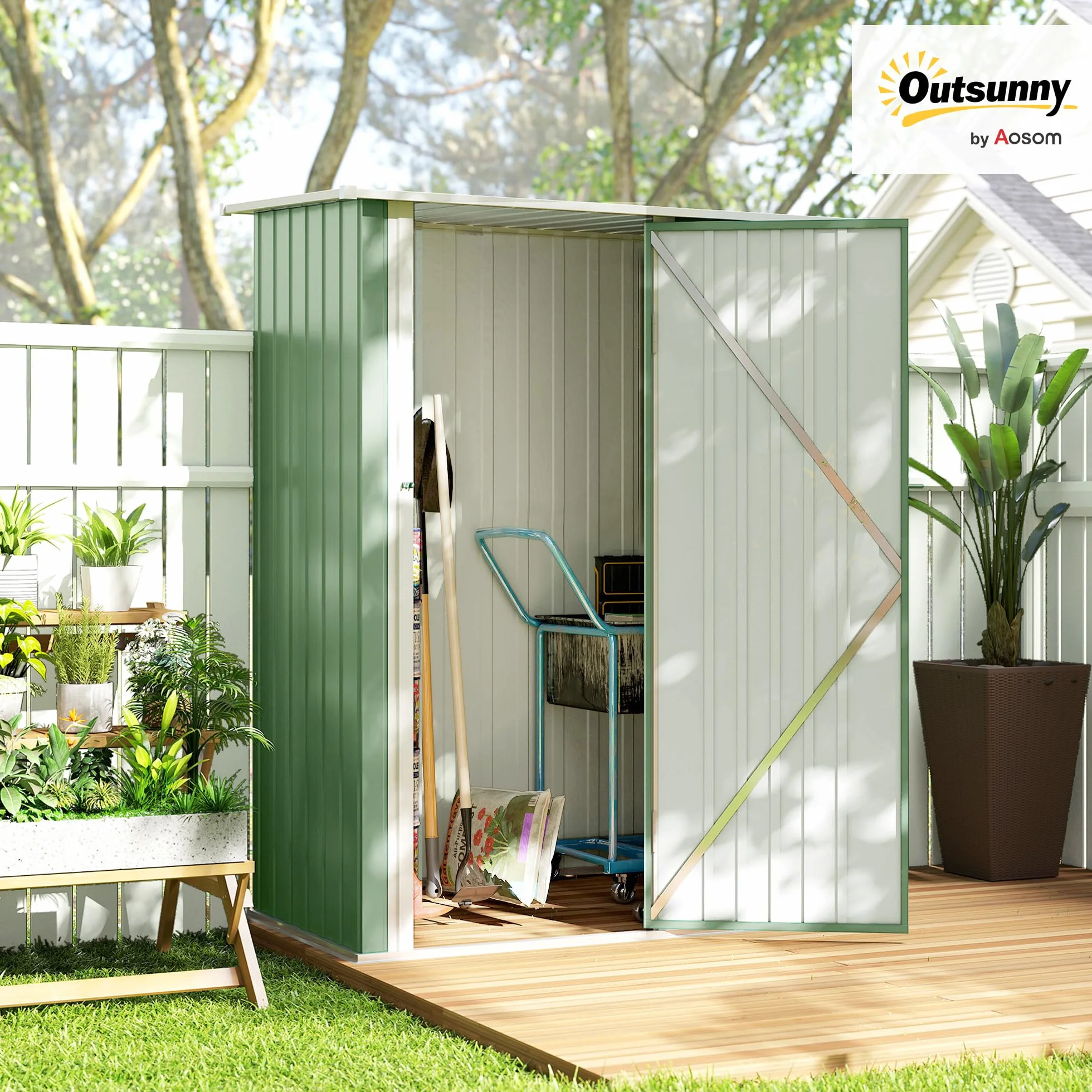 Outsunny Casetta da Giardino 1.07m² Acciaio Zincato Porta Attrezzi 142x86x189 cm Verde Chiaro