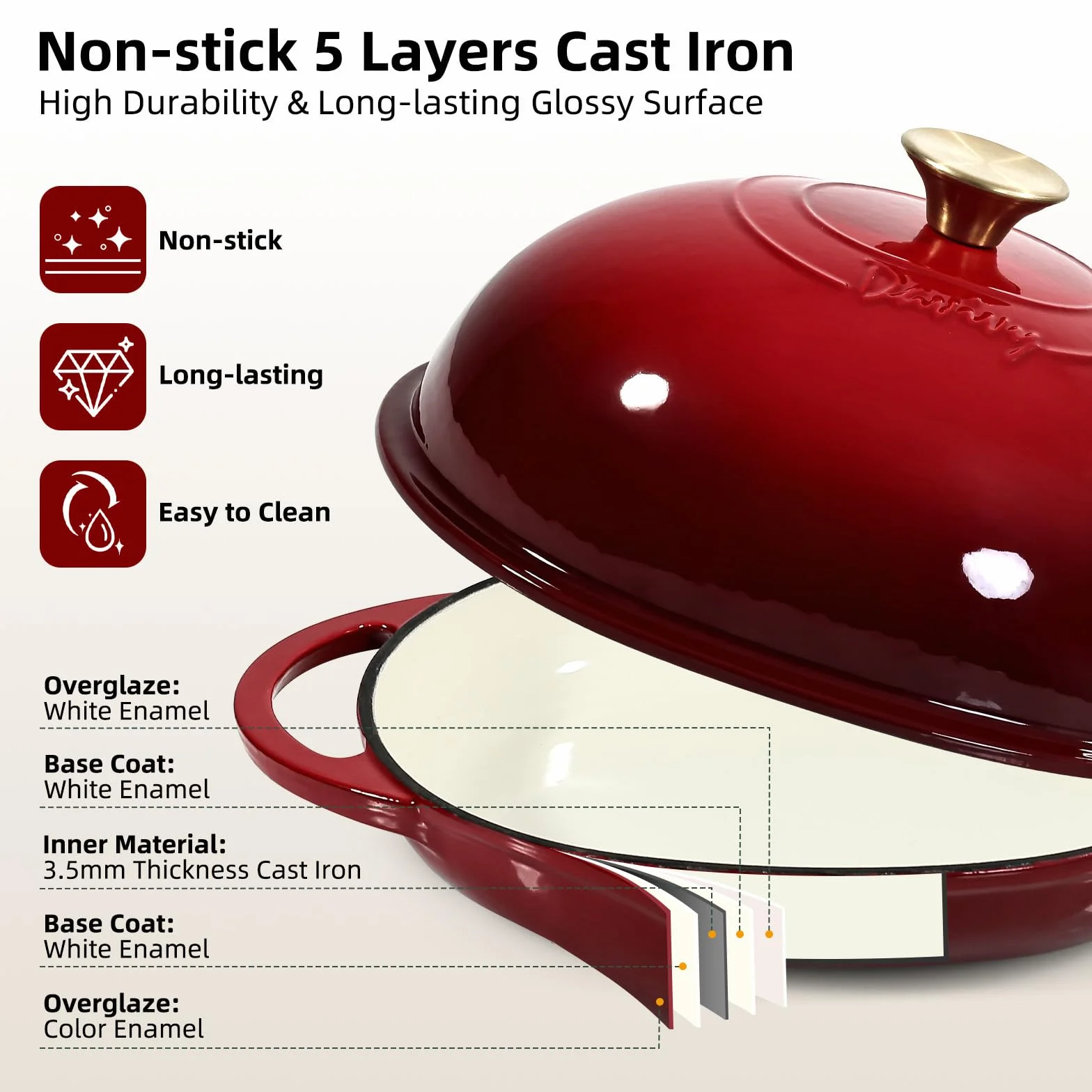Davivy Forno olandese ovale in ghisa smaltata da 5,5 l, per pane a lievitazione naturale, pentola olandese con coperchio a cupola, pentola per il pane in ghisa (rosso rubino, con tappetino in silicone