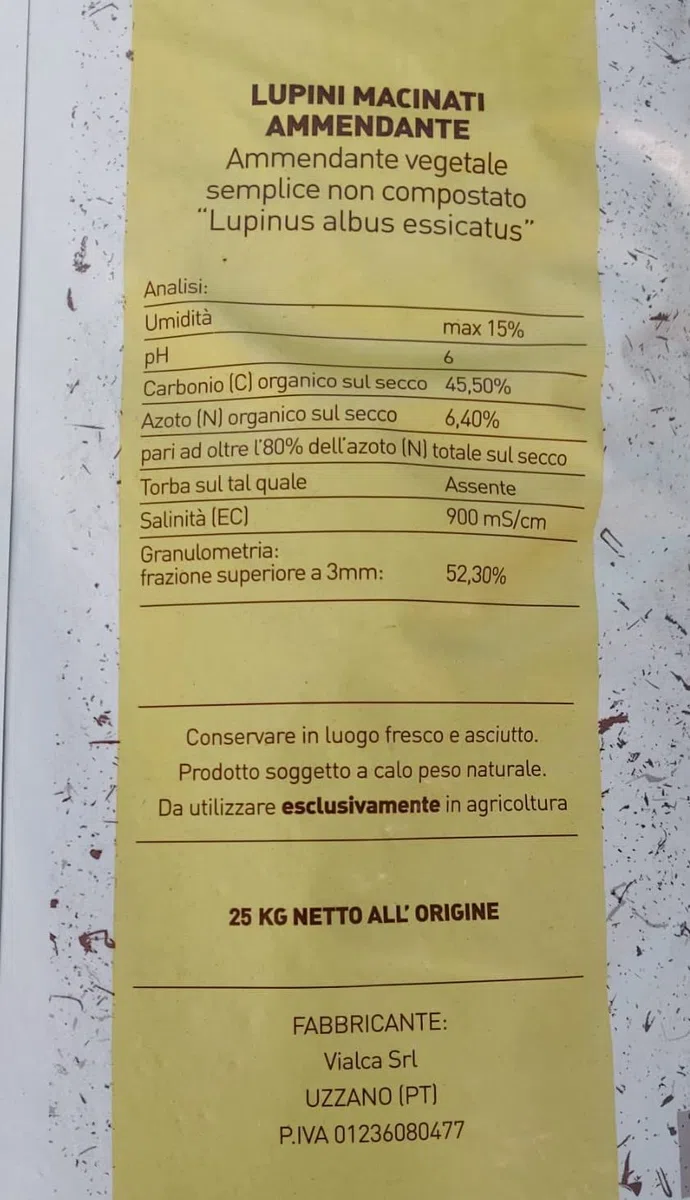 LUPINI MACINATI Sacco kg.25 Fertilizzante Biologico SPECIFICO per AGRUMI (Limone, Arancio, Mandarino, Azalee, CAMELIE)