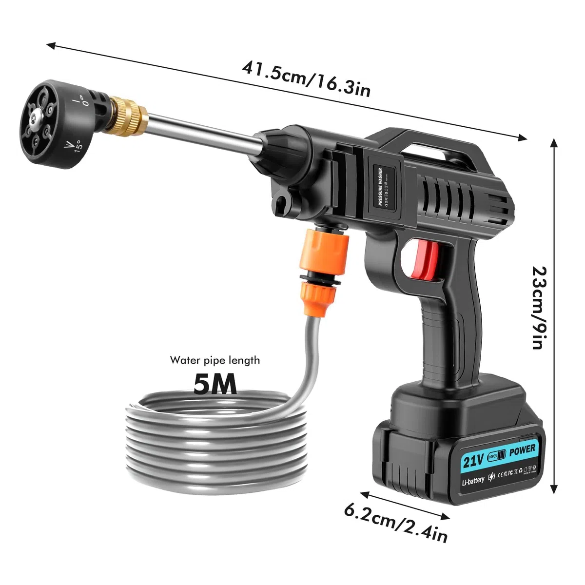 21V Idropulitrice Senza Fili, Pistola Portatile ad Alta Pressione, Idropulitrice a Batteria 100 Bar con 2 Batterie 3000mAh, 6 in 1, Tubo 5m, per Auto Balcone Garage
