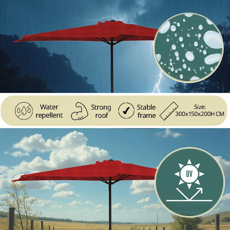 Ombrellone Mezzaluna 300x150x250h cm, da Muro e Parete, Palo Ø38 mm, Protezione UV, Idrorepellente, Parasole Ombra