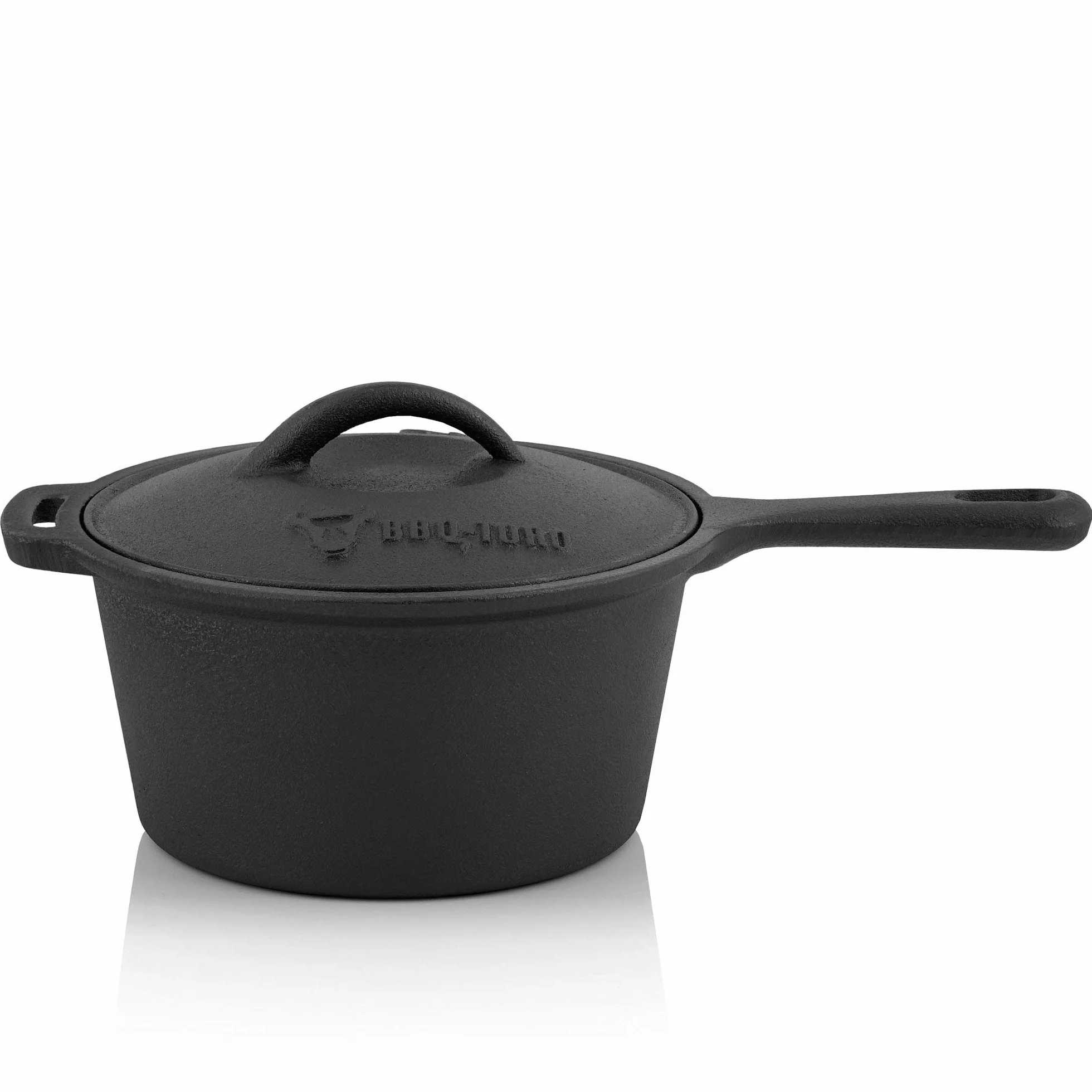 BBQ-TORO Dutch Oven Set in Scatola di Legno | ghisa - già Cotto | Ferro per cialde, casseruola, Padella per grigliate, Piastra per grigliate, griglia impilabile, sottopentola (10 Pezzi)
