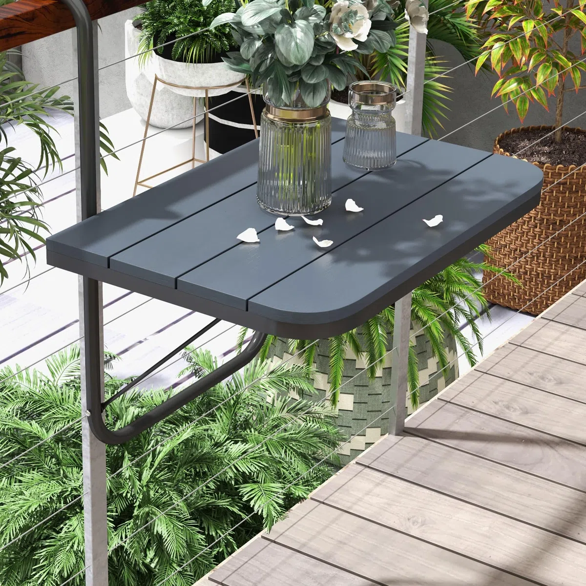 Outsunny Tavolino da Balcone Pieghevole Regolabile, Alluminio Composito Plastico Effetto Legno, Nero