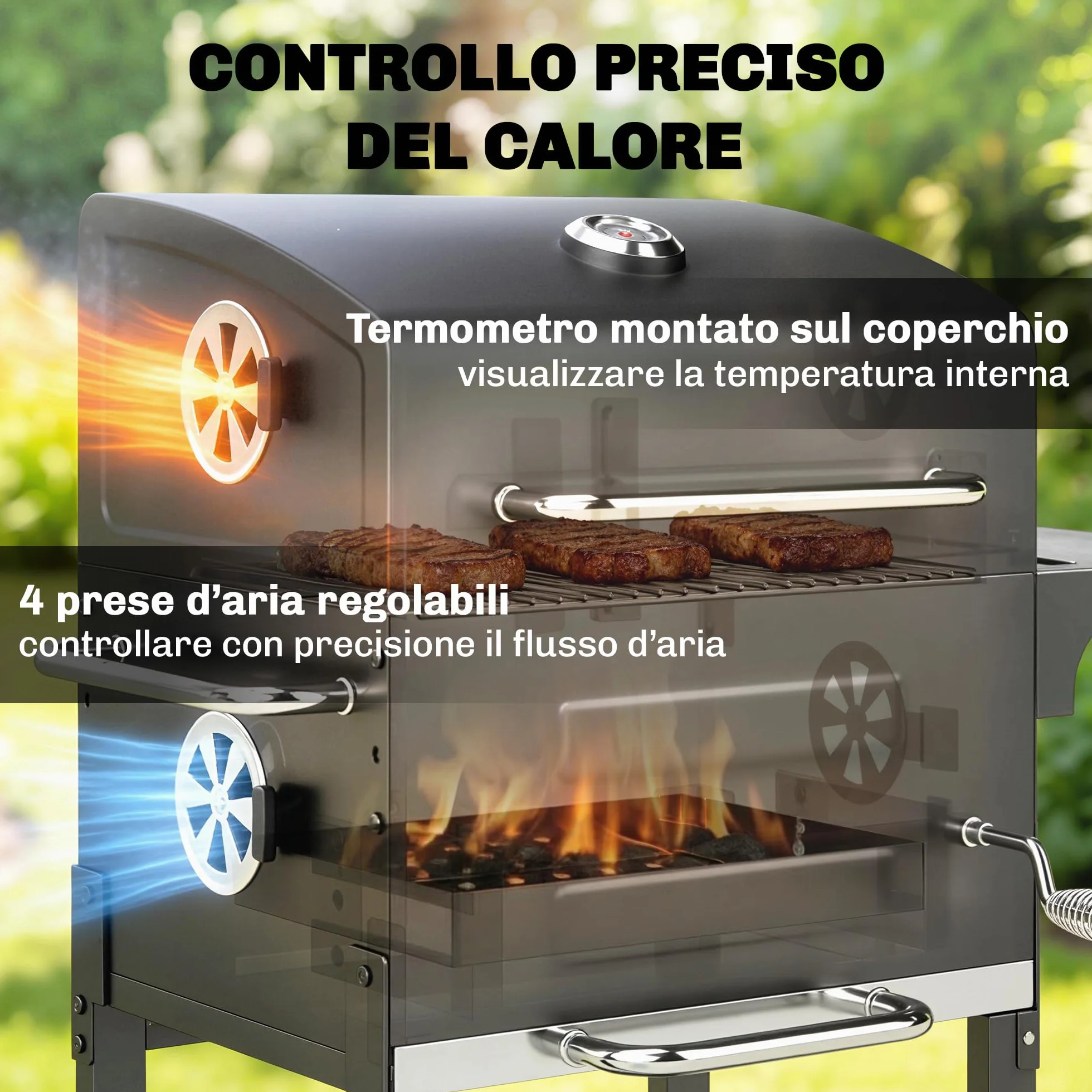 Outsunny Barbecue Carbonella Stretto z Rusztem, Regulowany Nawiew, Wózek BBQ z Pokrywą, Stal, Półka, Termometr, Popielnik, Czarny