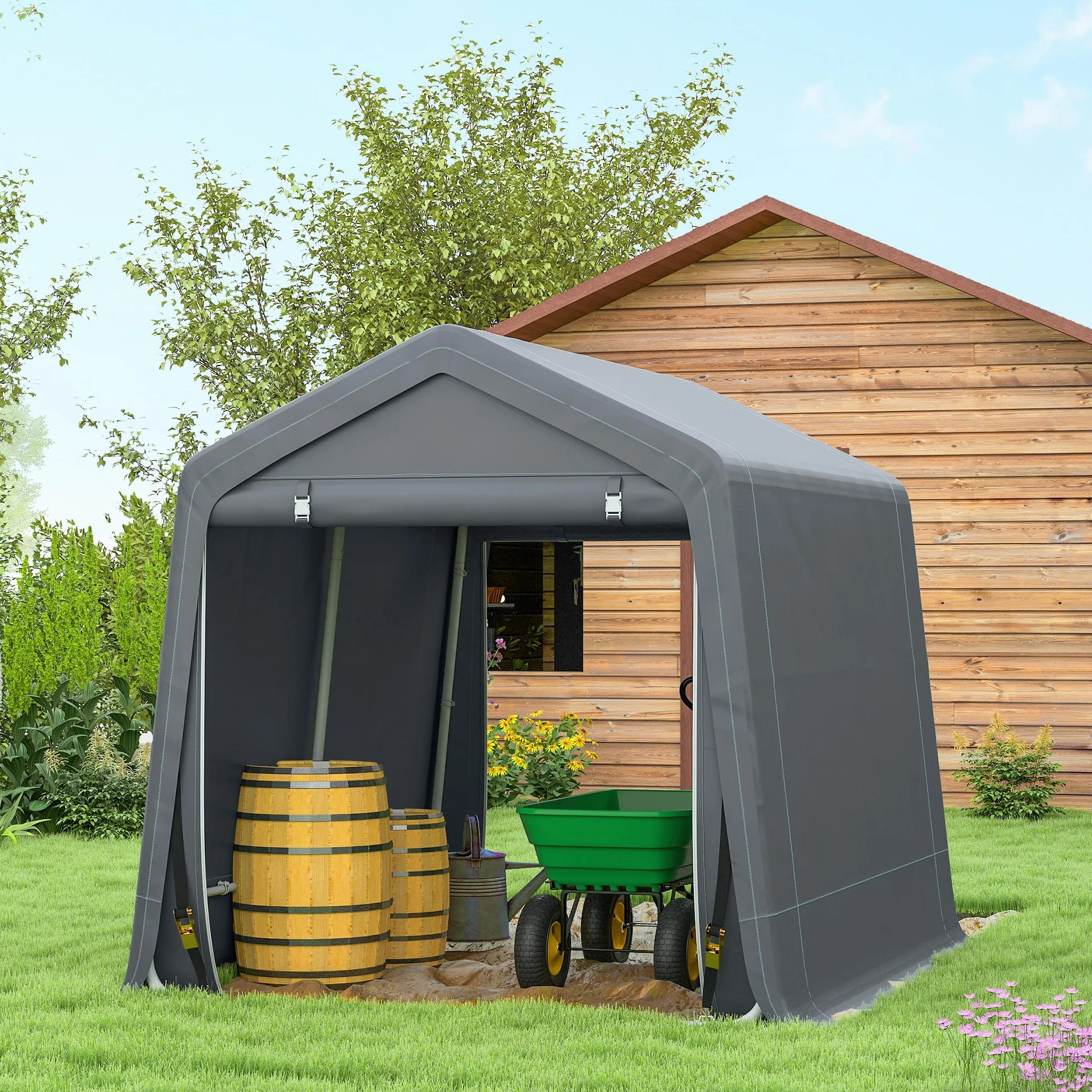 Outsunny Garage Moto per Esterno 2.4x2m, Tenda in Metallo e Tessuto PE, Grigio Scuro