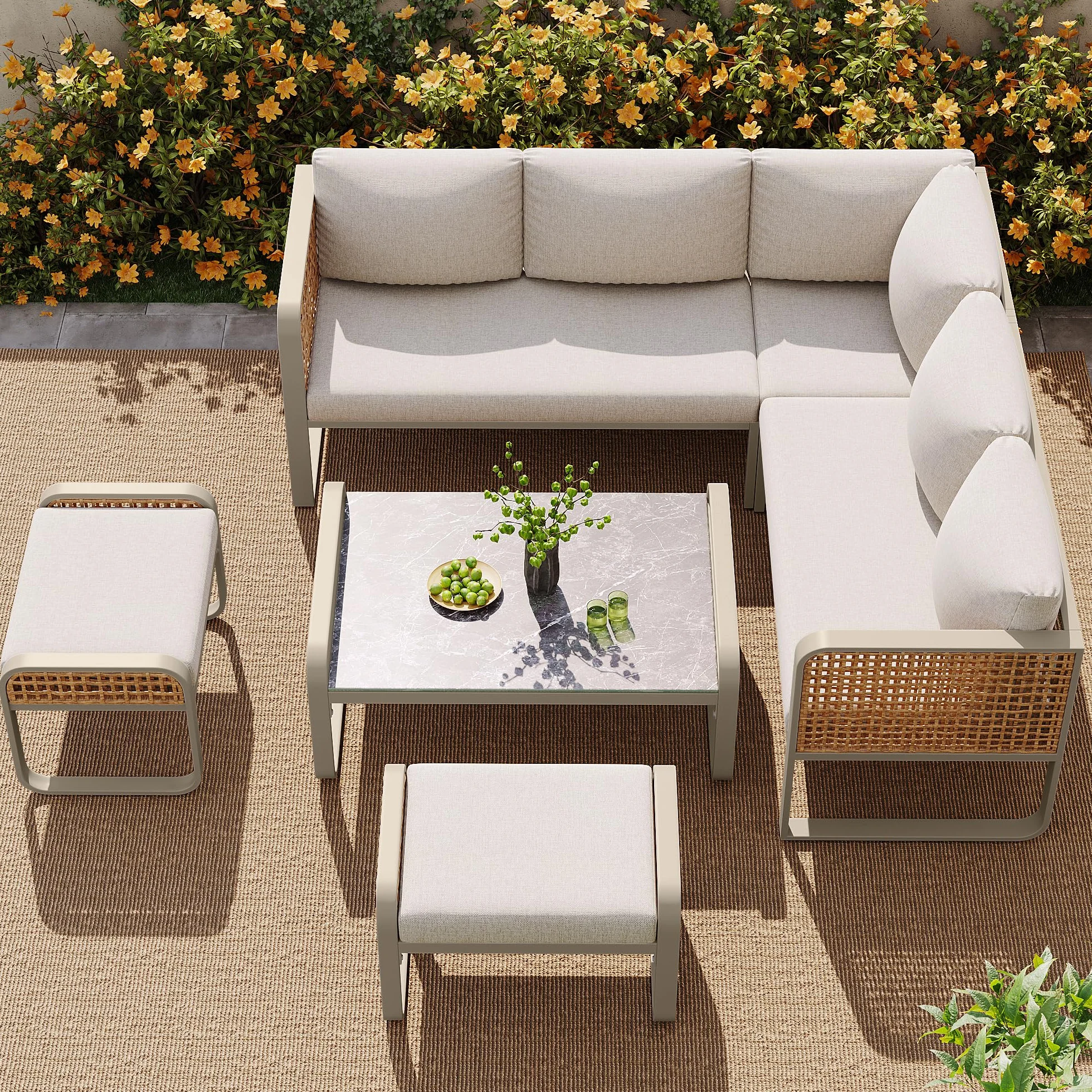 Set divano angolo rattan ferro zincato 120x61x69 cm beige per 6-7 persone
