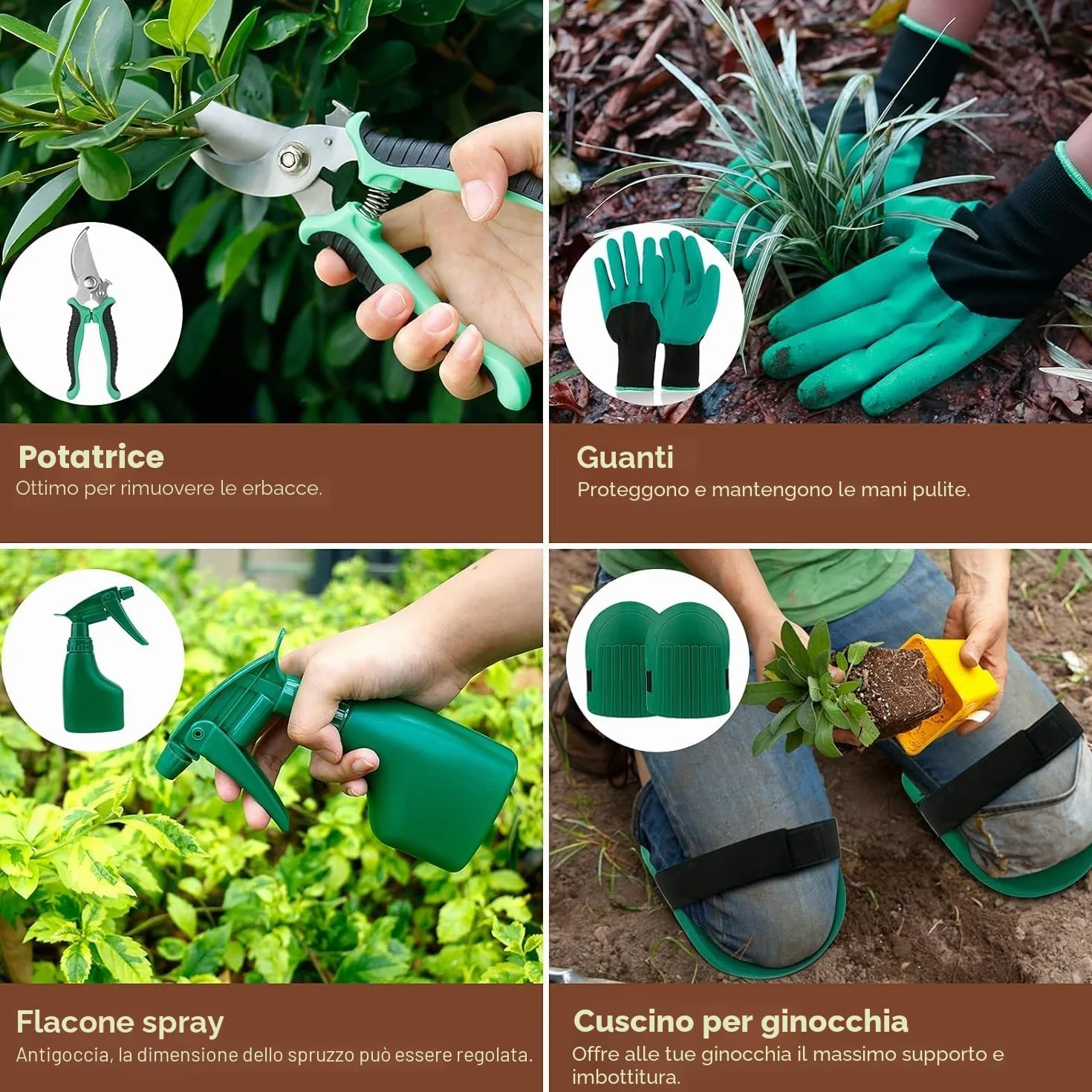YAUNGEL Set di attrezzi da giardinaggio, 10 pezzi in acciaio inossidabile ad uso intensivo con manico in legno antiscivolo, strumenti da giardinaggio per donne e uomini, Verde