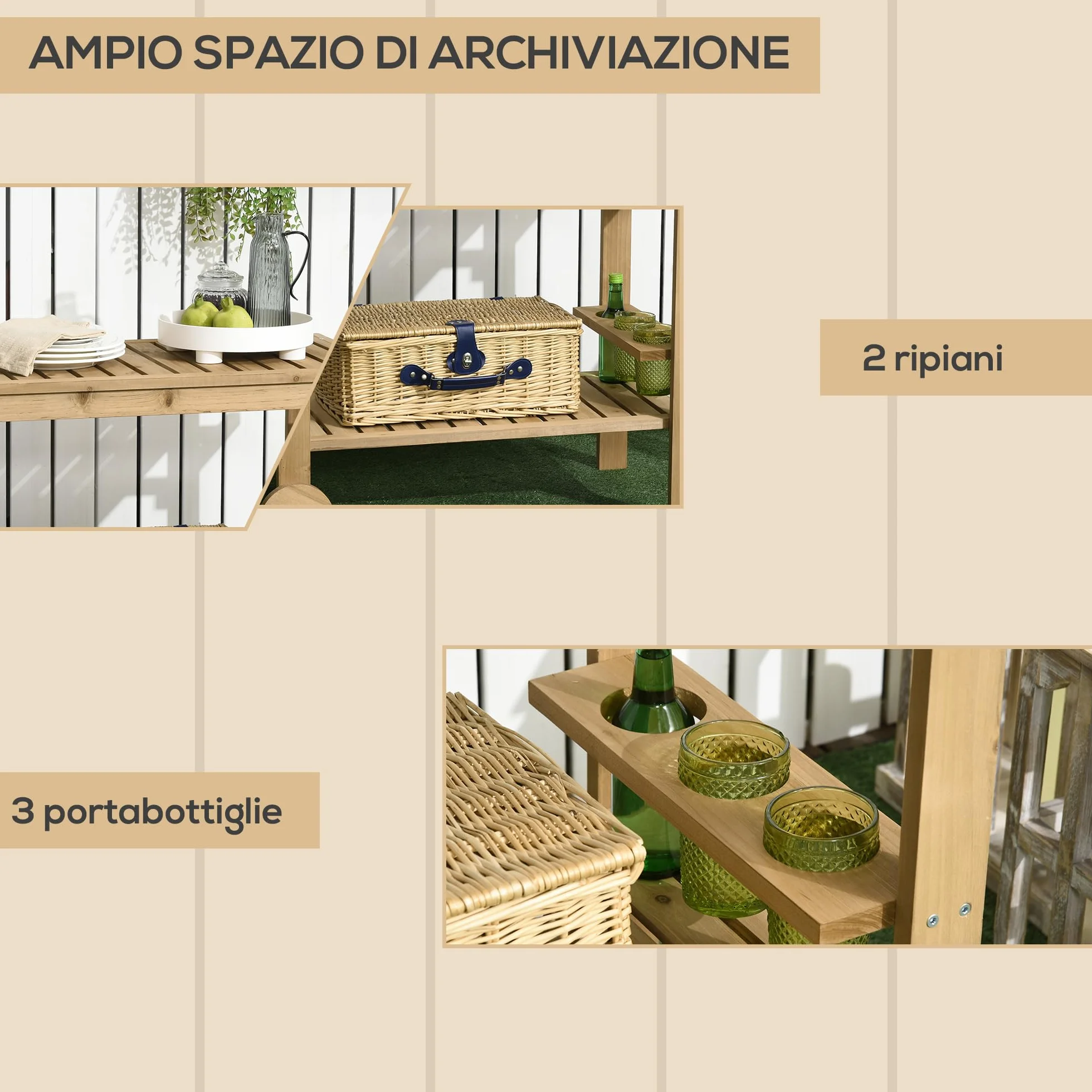 Outsunny Carrello Portavivande da Giardino in Legno di Abete 95x47x74 cm