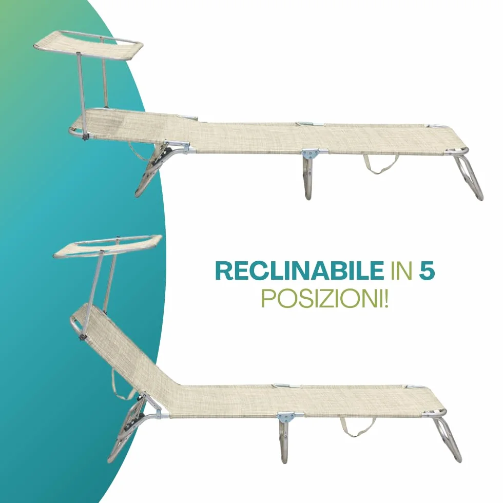 VIRSUS Lettino Prendisole Pieghevole 180x55x90 cm Textilene Metallo Tubolare 18mm Peso Max 120kg Beige