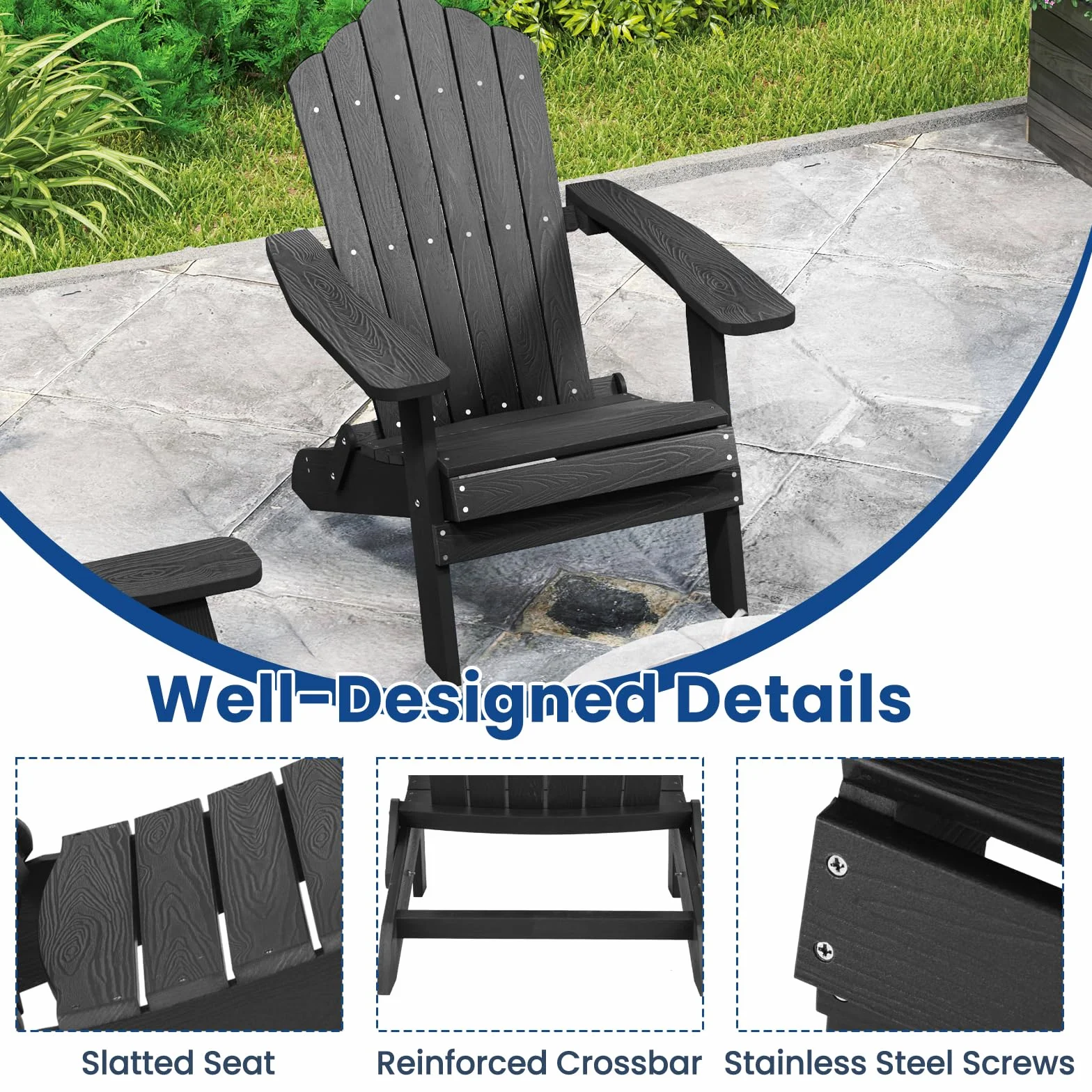 KOMFOTTEU Adirondack - Sedia pieghevole, sedia da giardino con schienale inclinato e braccioli larghi, poltrona ergonomica con carico di 180 kg, seduta esterna per balcone, terrazza (nero)