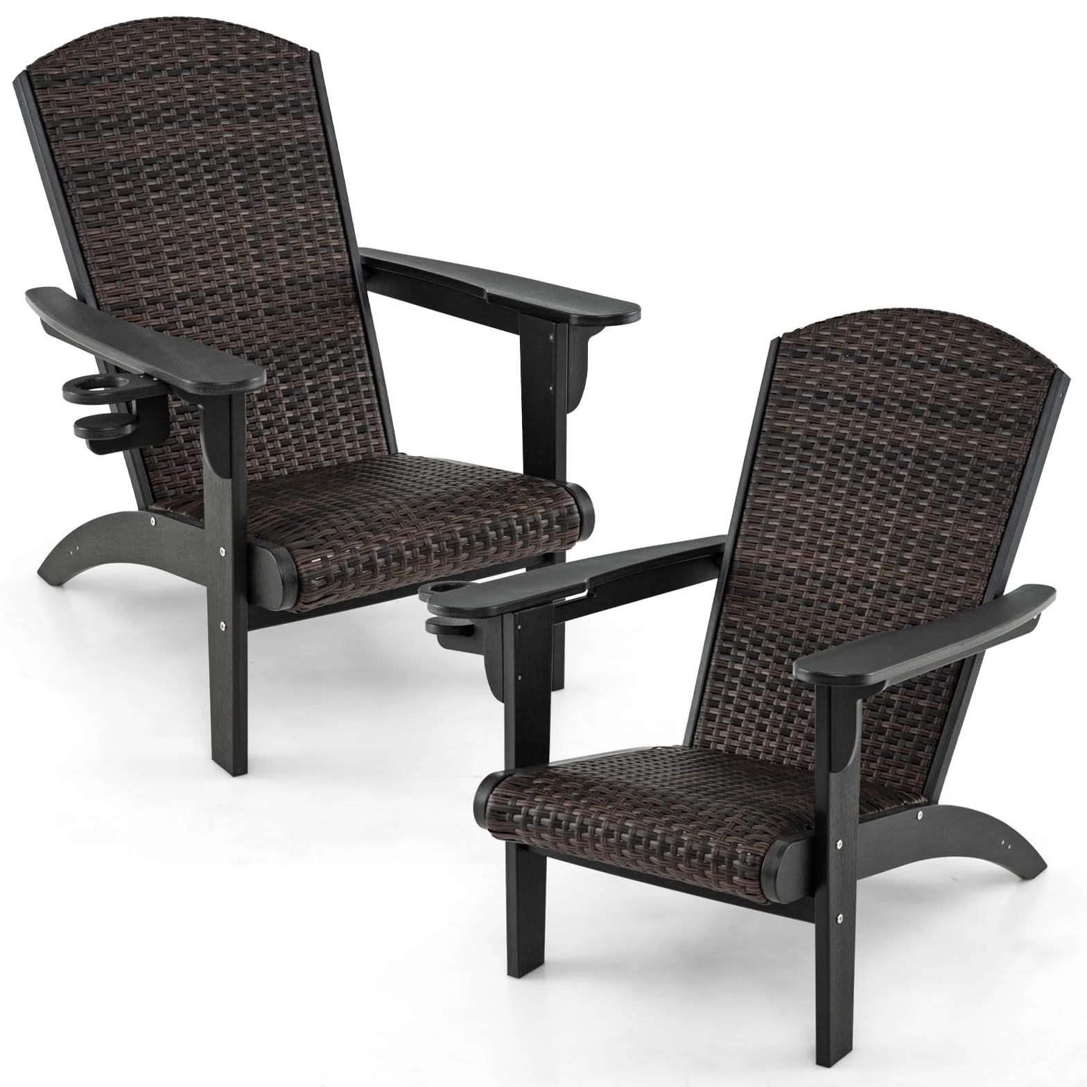 LIFEZEAL Sedia Adirondack da Esterno, in Plastica, Rattan PE, Imbottito da Spugna, con Braccioli, Portabicchiere, Resistente alle Intemperie, per Giardino, Terrazza, Patio, Aperto, Max 150kg (nero)