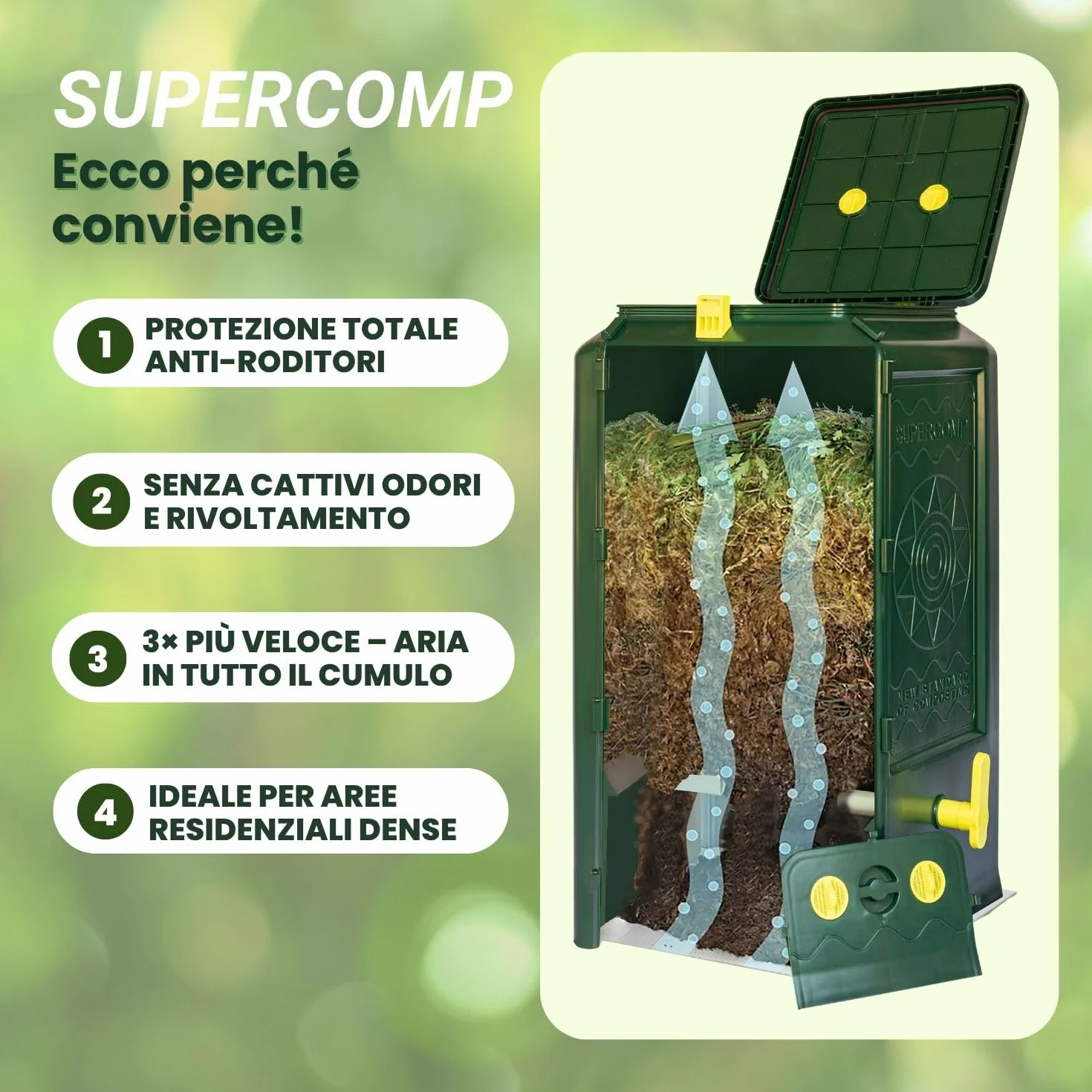 Compostiera 350Lt, Protezione Totale Anti-Roditori e Topi, Senza Cattivi Odori e rivoltamento compost, Aerazione Verticale, Resistente ai Raggi UV e al Gelo, Piano Base Incl.