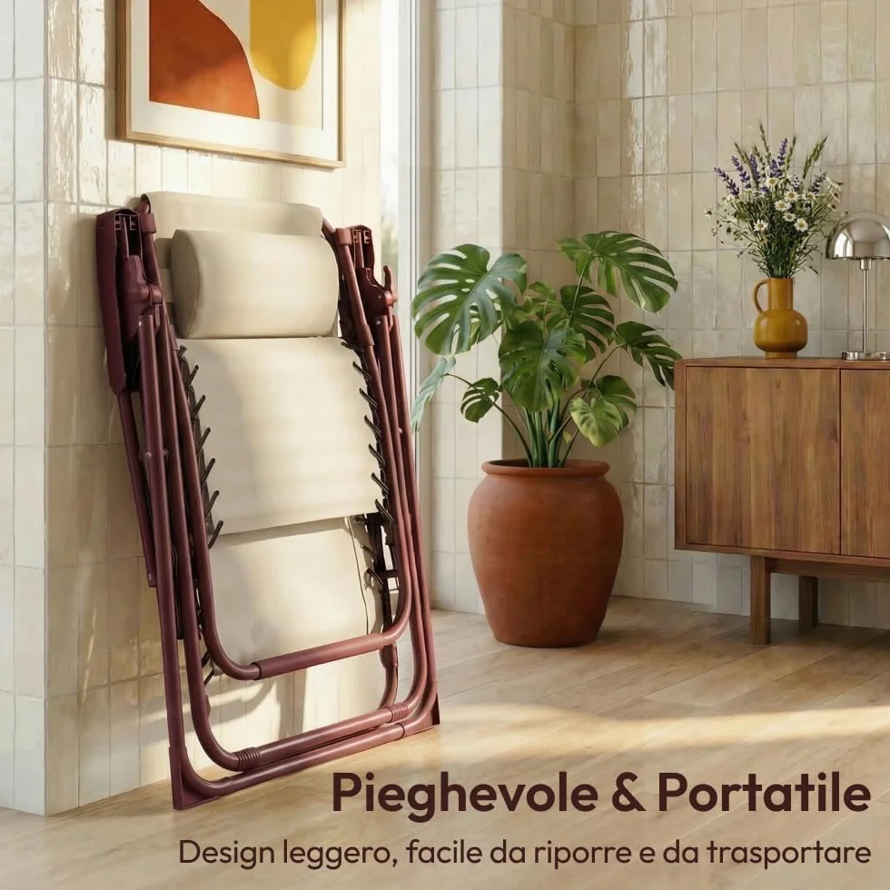 CASABEL Poltrona Relax Gravità Zero Pieghevole con Cuscino, 2 Poltrone Reclinabili Regolabili per Giardino, Balcone o Campeggio con Struttura Acciaio e Tessuto Textilene resistente, Terracotta