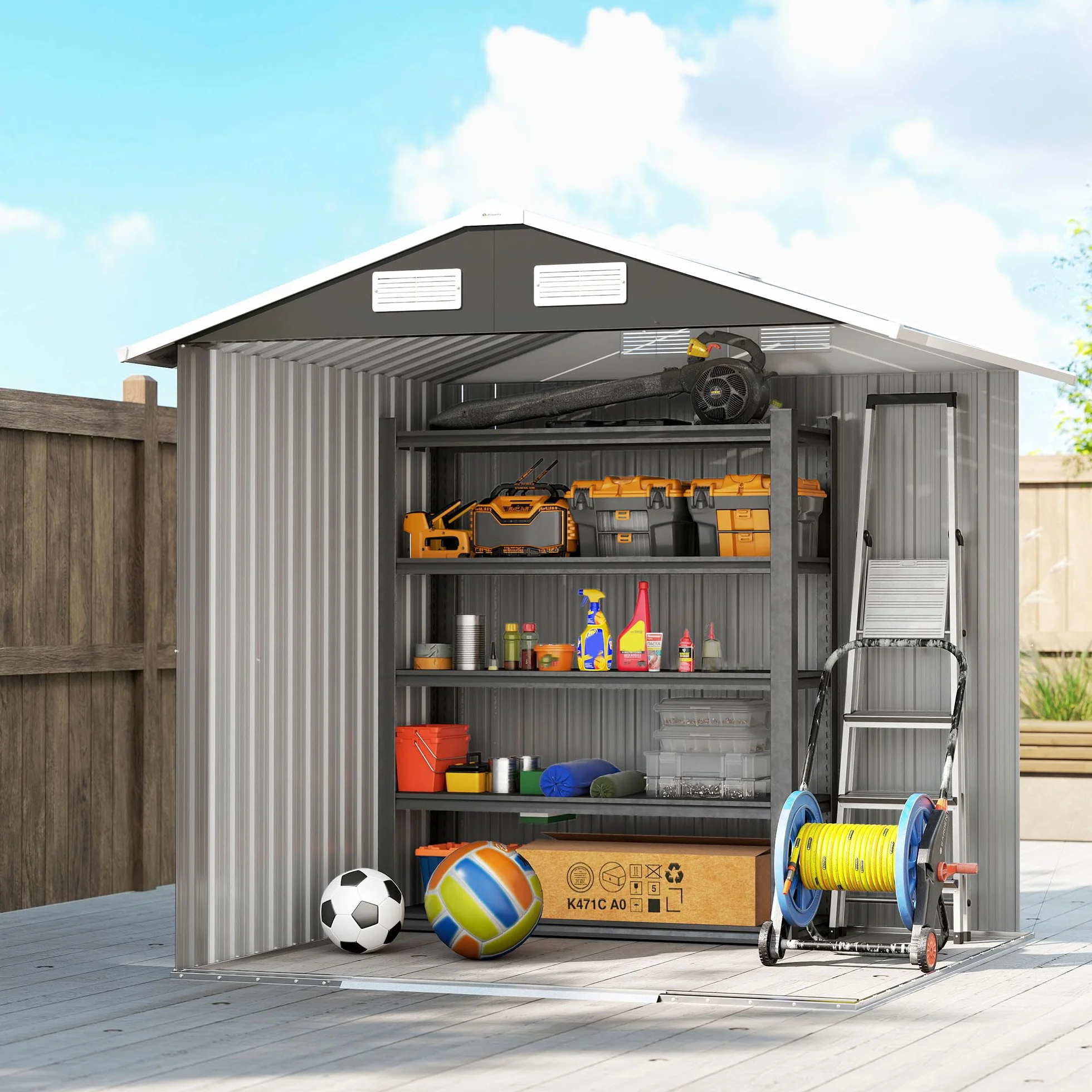 Outsunny Casetta da Giardino 2.8m² Acciaio Zincato con Prese d'Aria, Capanno Attrezzi 2 Porte Scorrevoli, 195.5x158.5x188 cm, Nero