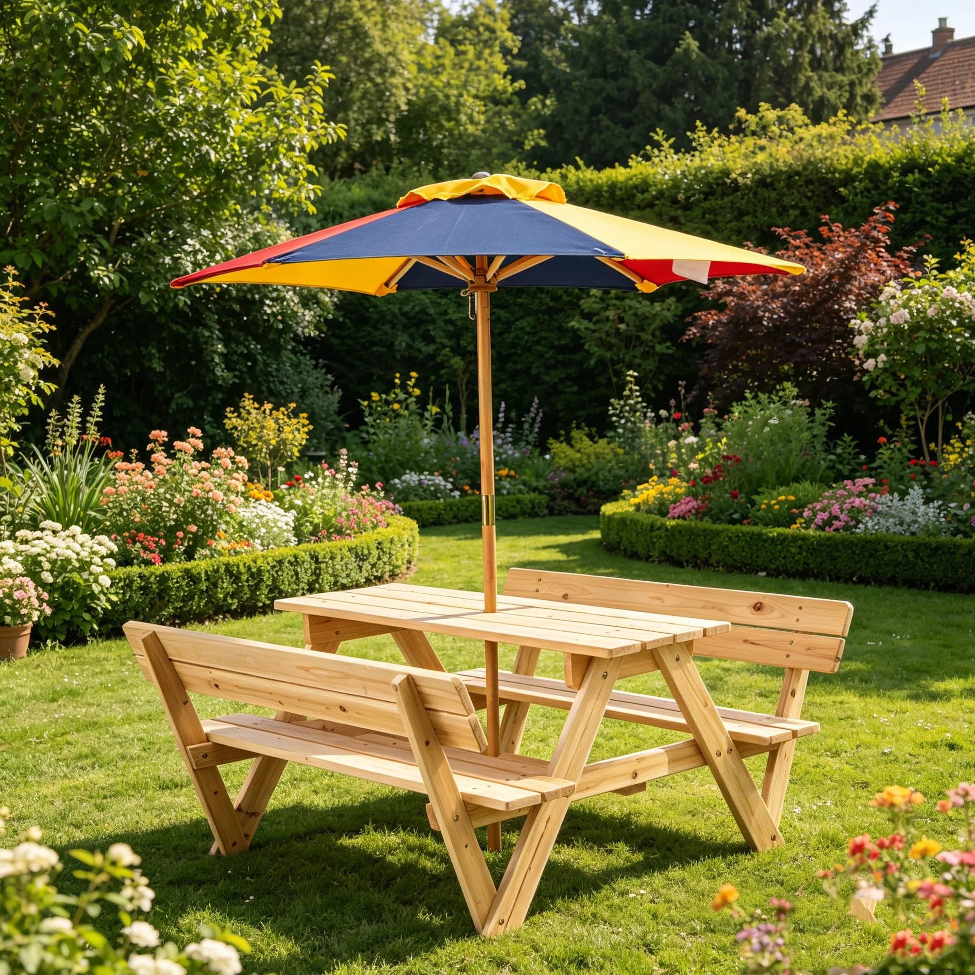 LIFEZEAL Tavolo da Picnic per Bambini con Ombrellone Rimovibile Legno Abete 4 Posti 3-8 Anni
