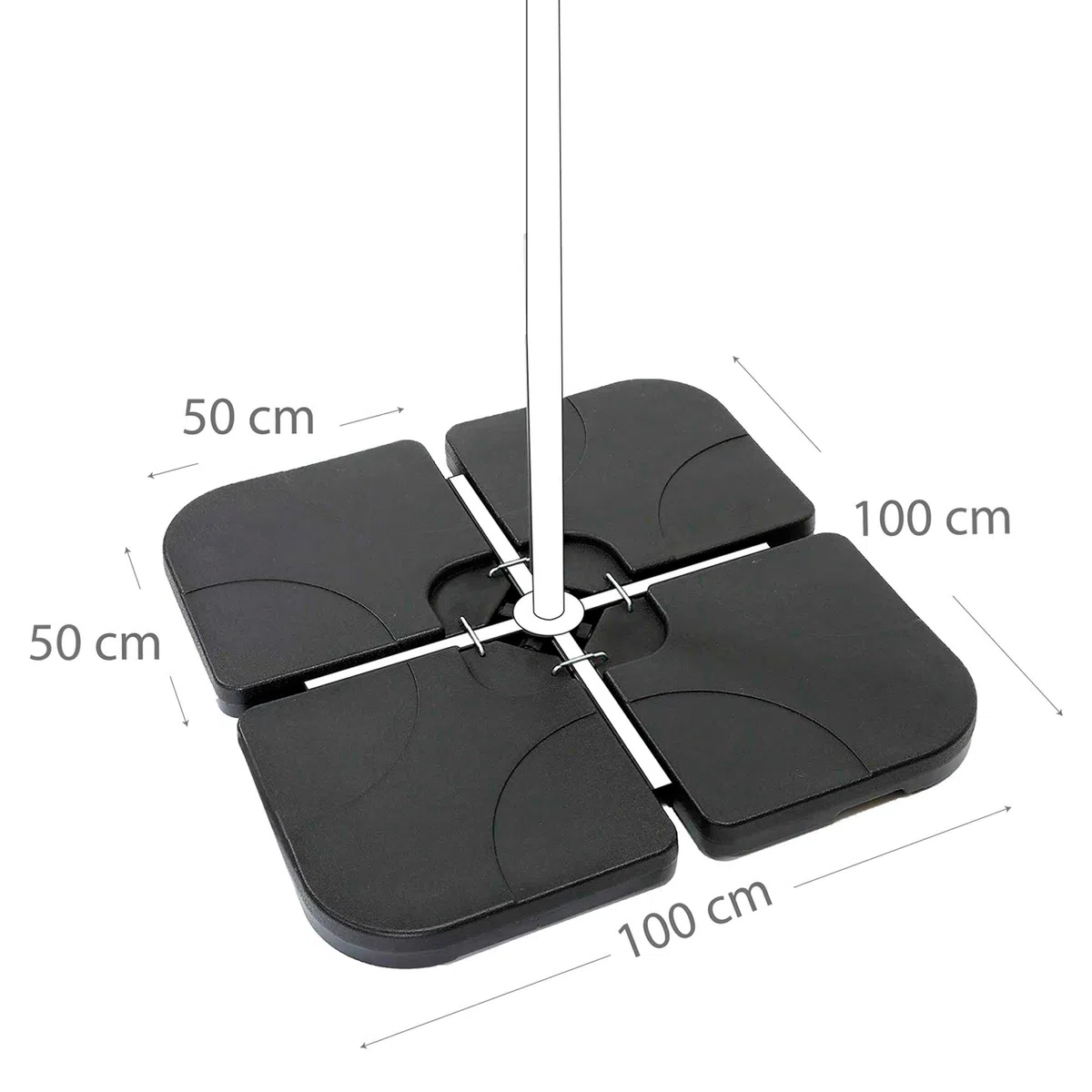 AKTIVE Base per ombrellone riempibile, 4 pezzi in HDPE nero 50x50x7,5 cm, fino a 80 kg con sabbia o 60 l di acqua, con maniglie e sistema di fissaggio (62196)