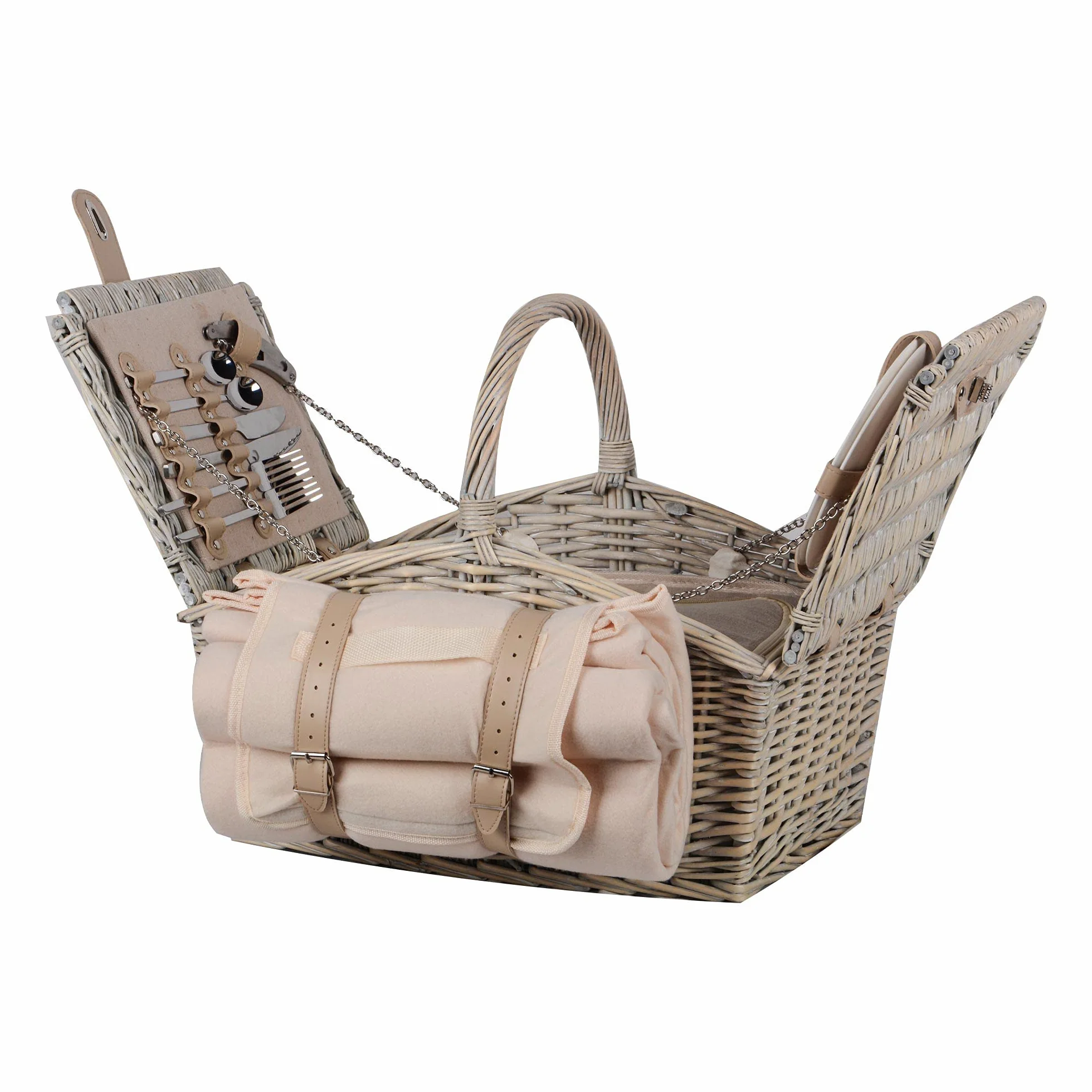 Set da picnic per 2 persone con cestino termico, coperta 135x115 cm, posate e stoviglie, grigio e beige